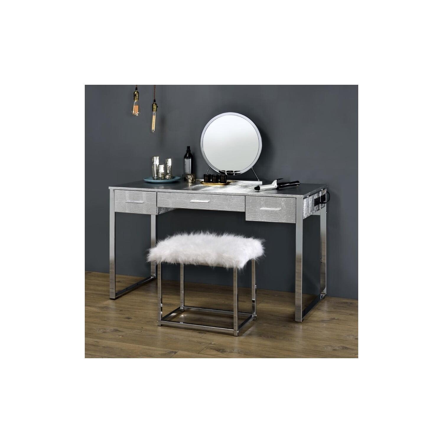 50" Myles Vanity Table Antique White, Chrome Finish - Acme Furniture: Built-in Outlet, USB, Storage