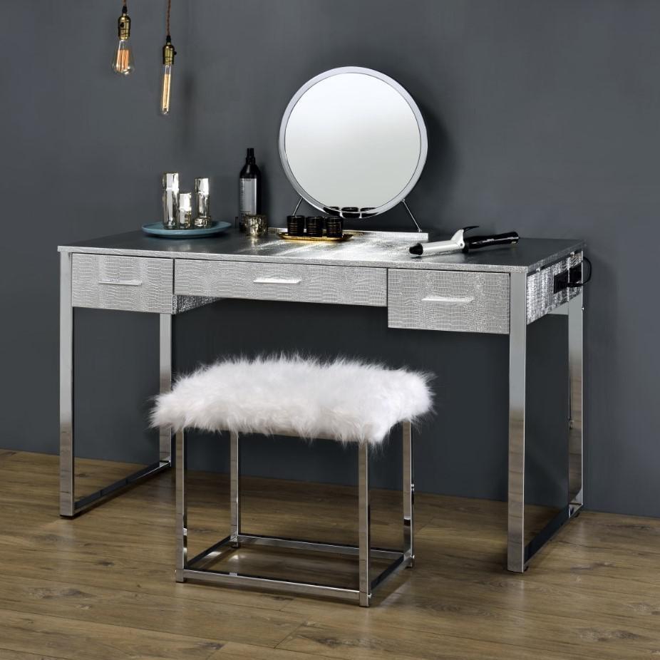 50" Myles Vanity Table Antique White, Chrome Finish - Acme Furniture: Built-in Outlet, USB, Storage