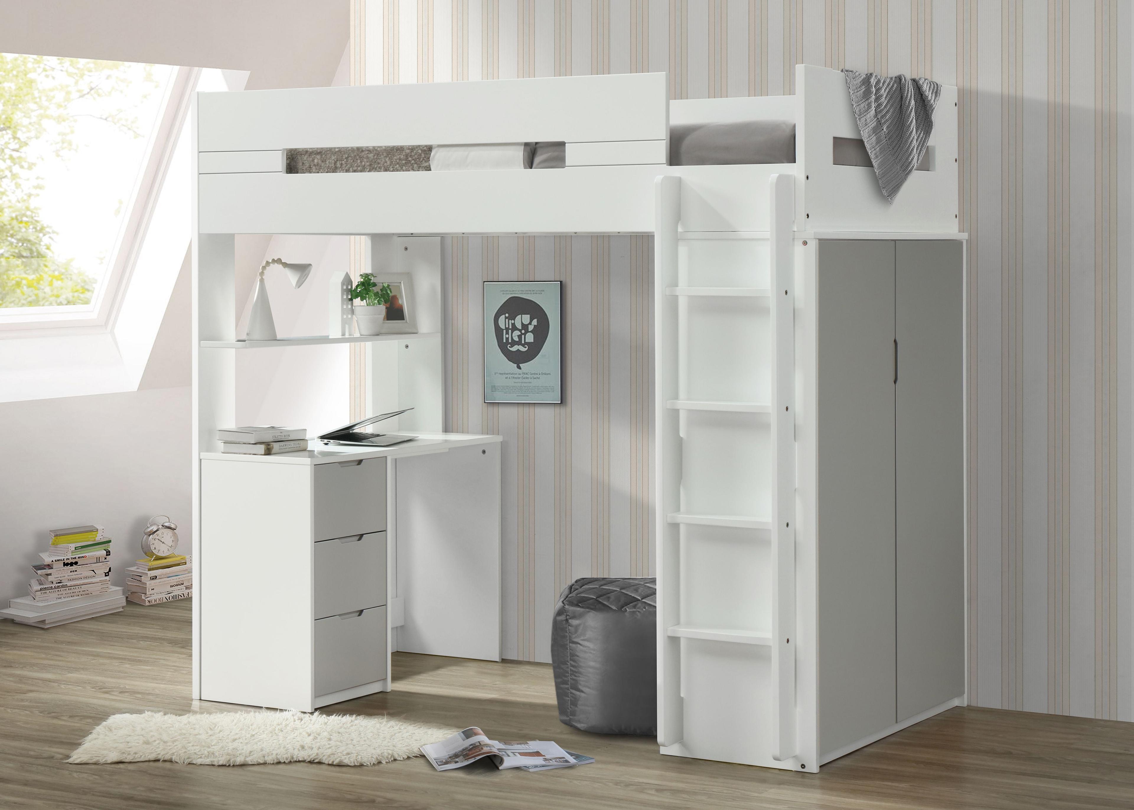 Loft Twin Bed with 3-Drawer Storage and Study Desk in White and Gray