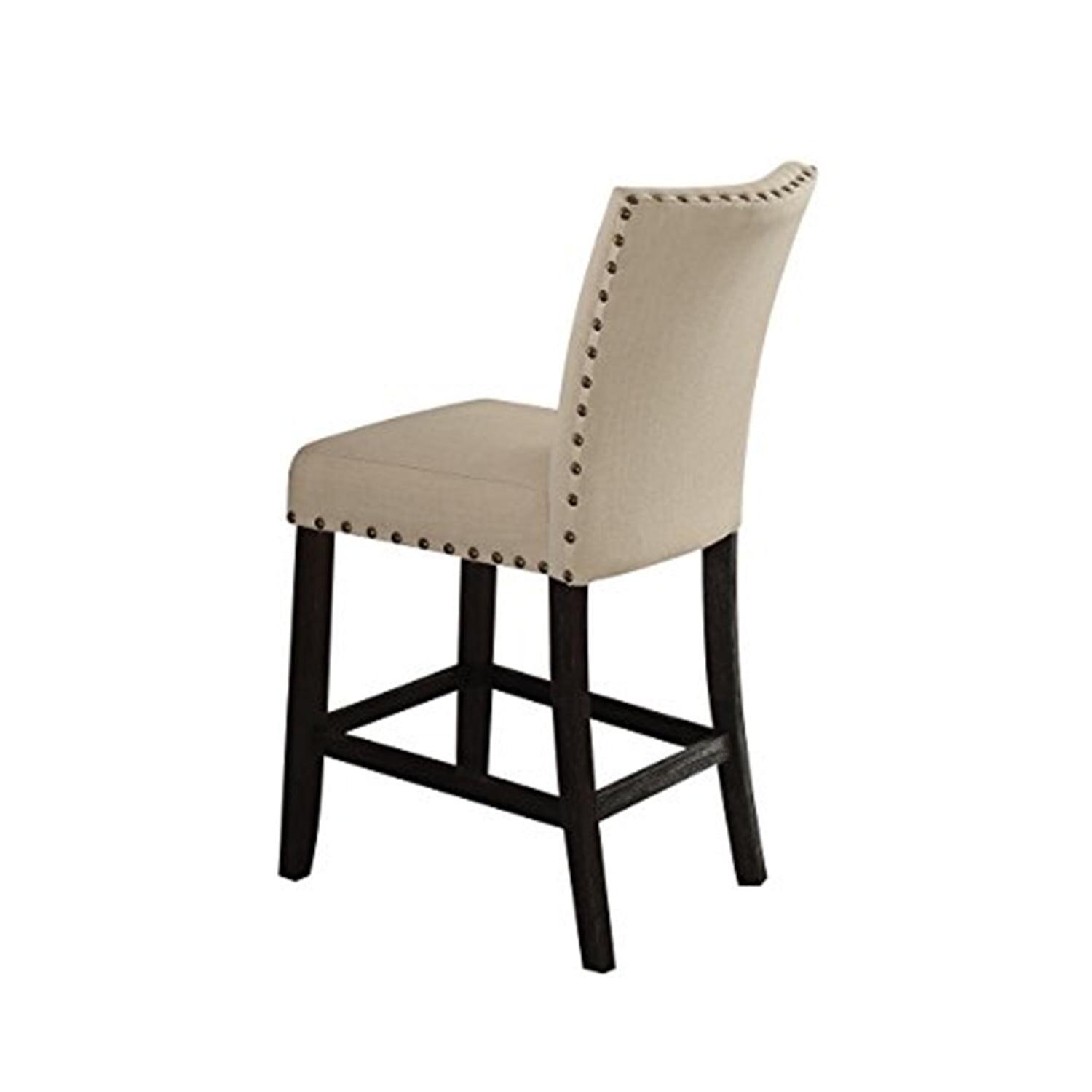 25" Nolan Counter and Bar Stools Beige Linen & Salvage Dark Oak Finish - Acme Furniture: Padded Seat, Nailhead Trim, Metal Frame