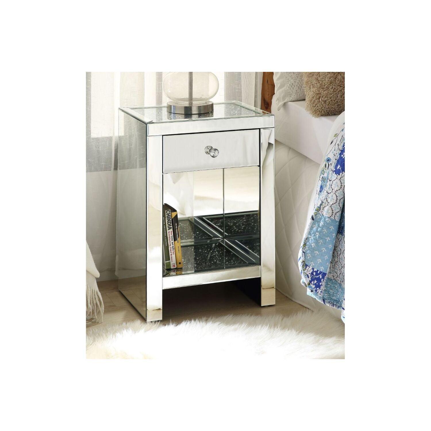 Elegant Mirrored 18" Nightstand with Faux Diamond Accents and Storage