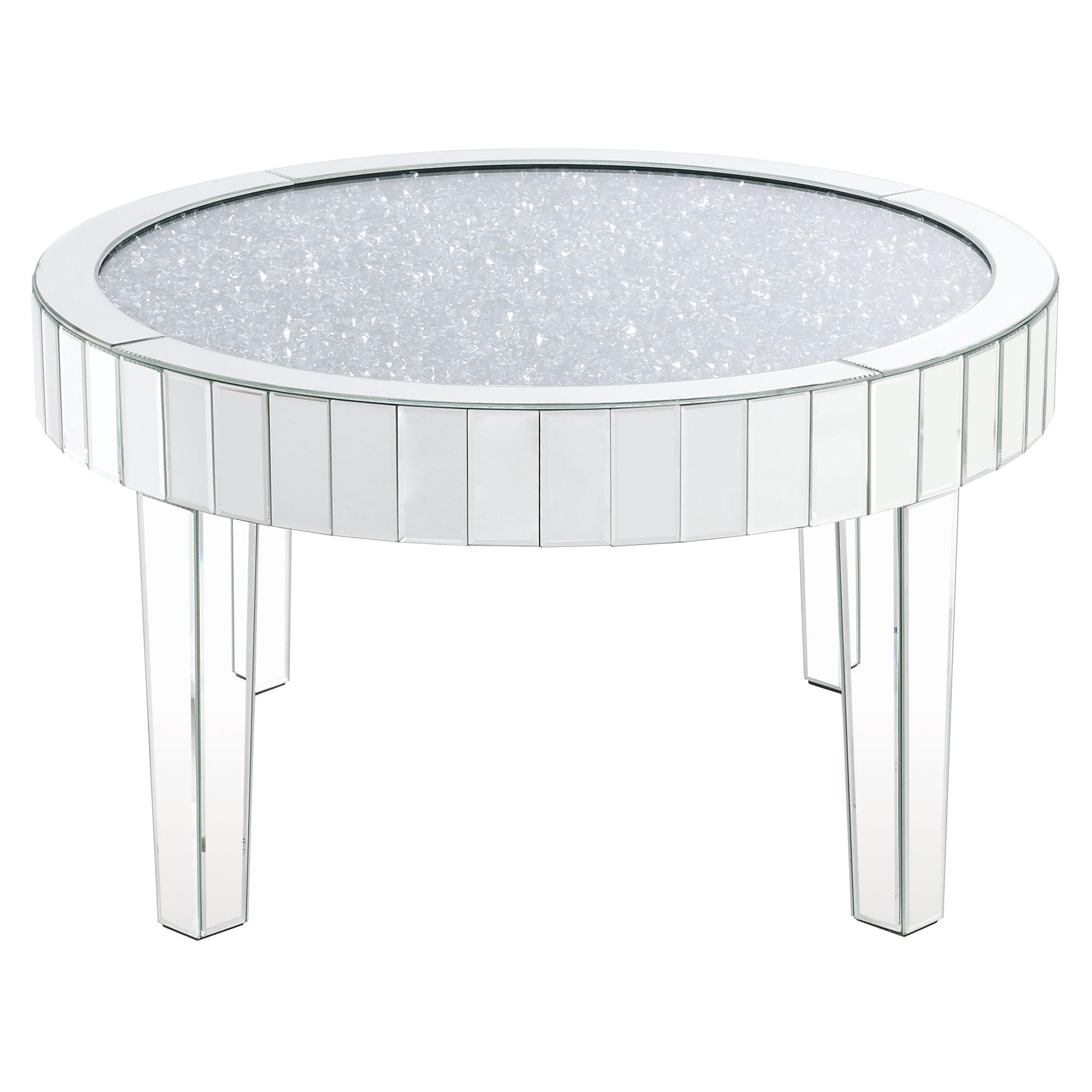 Sleek Round Mirrored Wood Coffee Table with Faux Diamonds