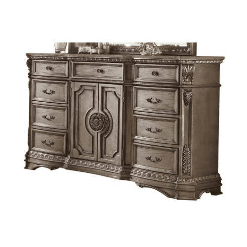 Elegant Gray 69'' Dresser with Dovetail Drawers and Carved Details