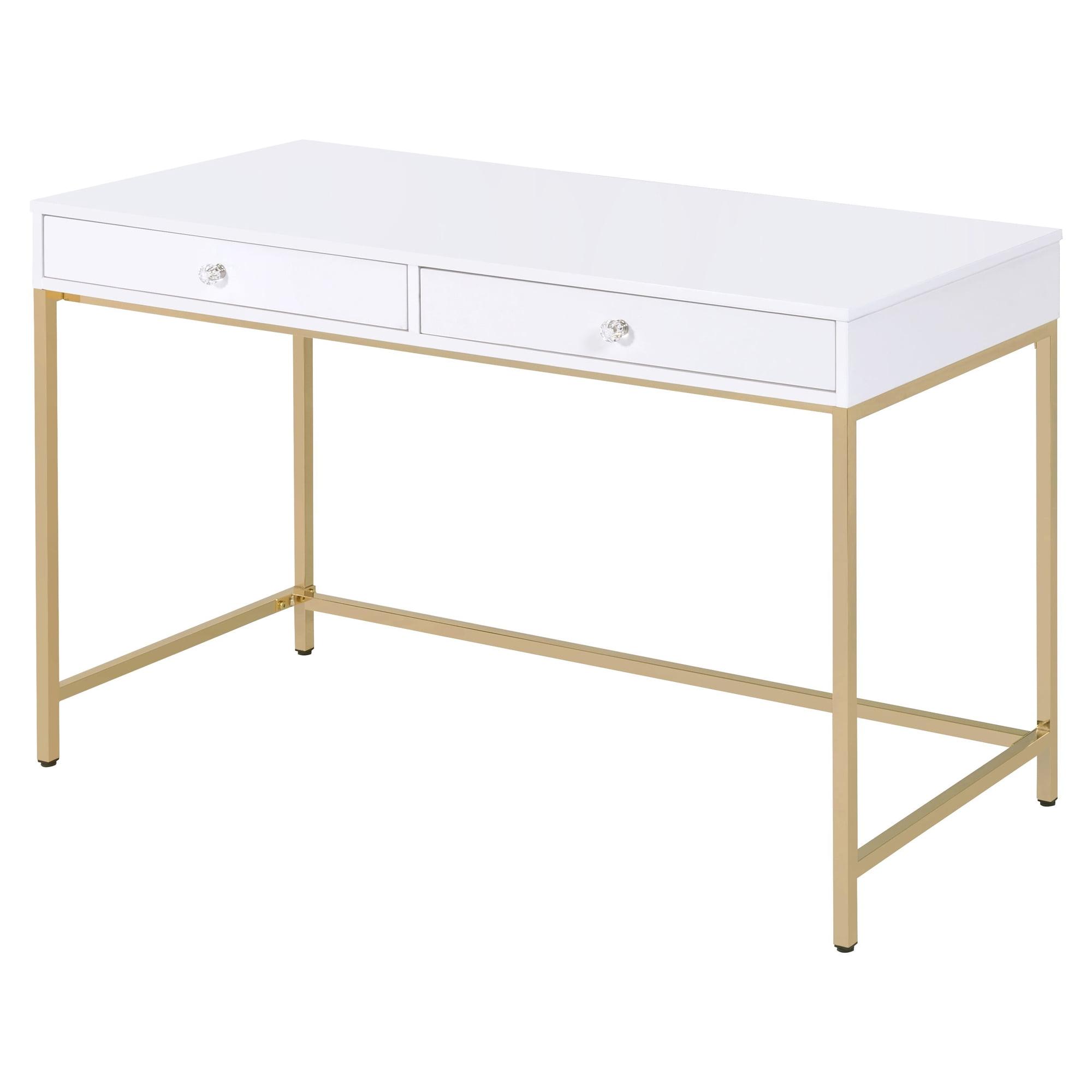 Contemporary White High Gloss 52" Office Desk with Gold Accents