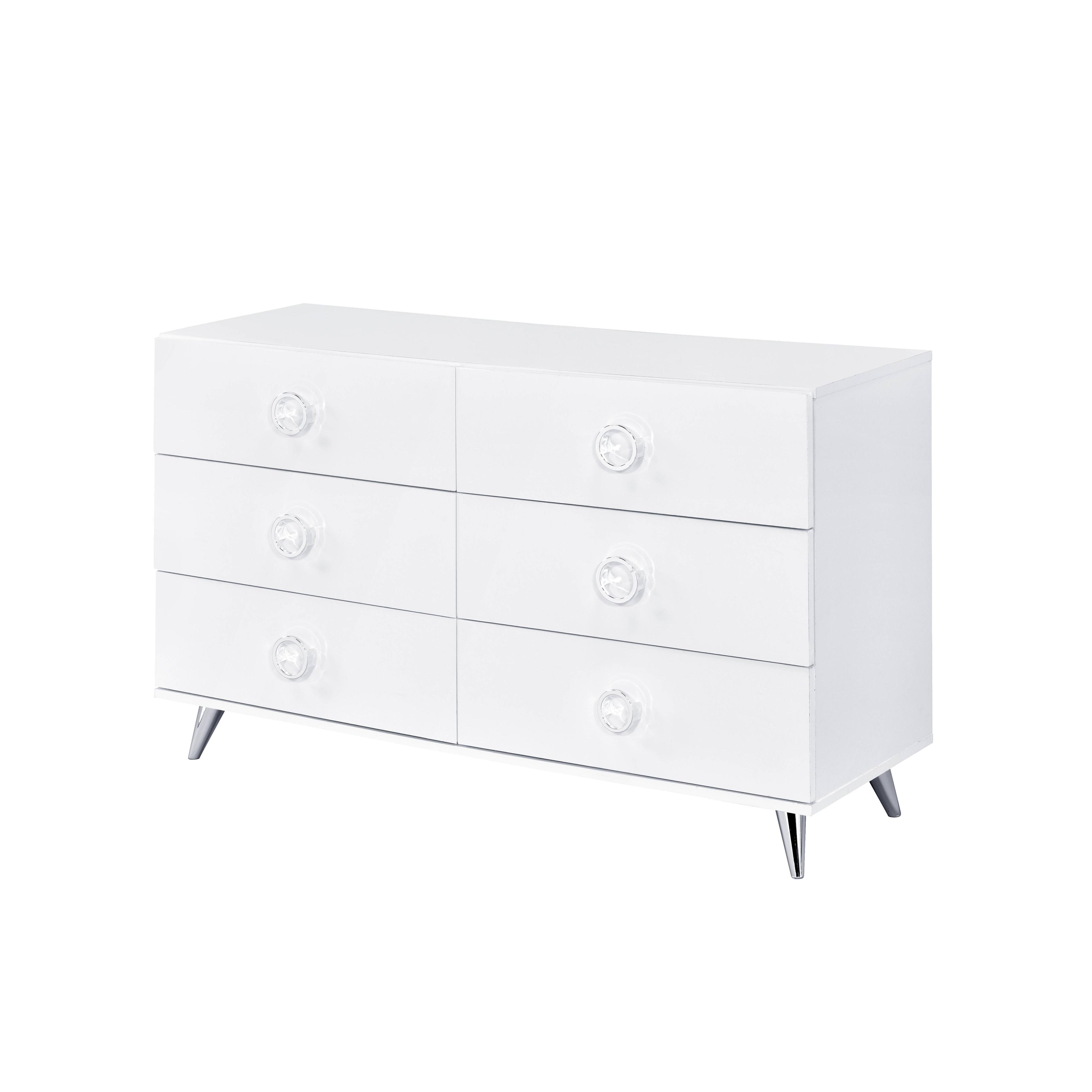 Perse White 6-Drawer Modern Dresser with Chrome Accents