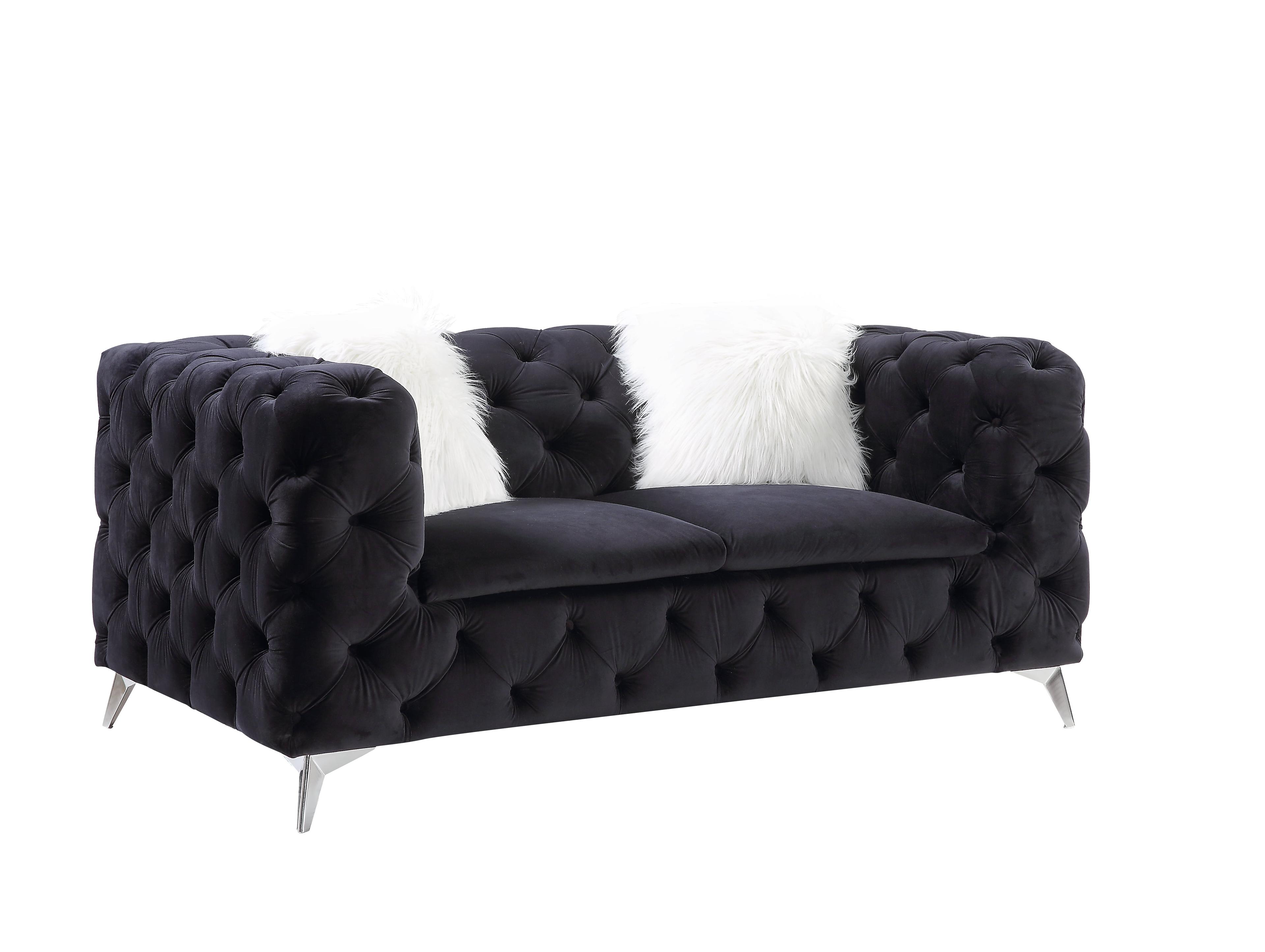 Contemporary Black Velvet Tufted Loveseat with Metal Legs