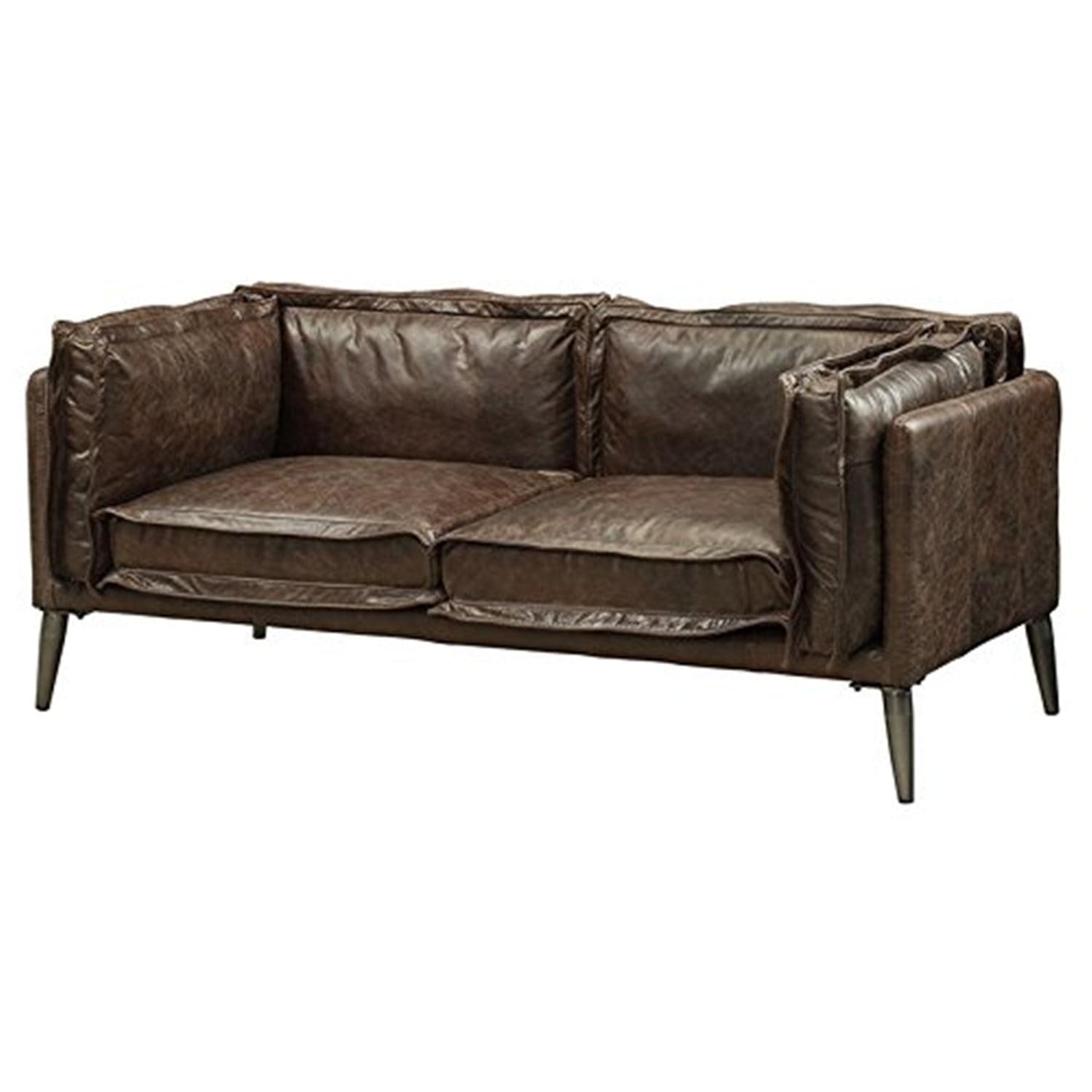 Distressed Chocolate Leather Loveseat with Down Fill Cushions