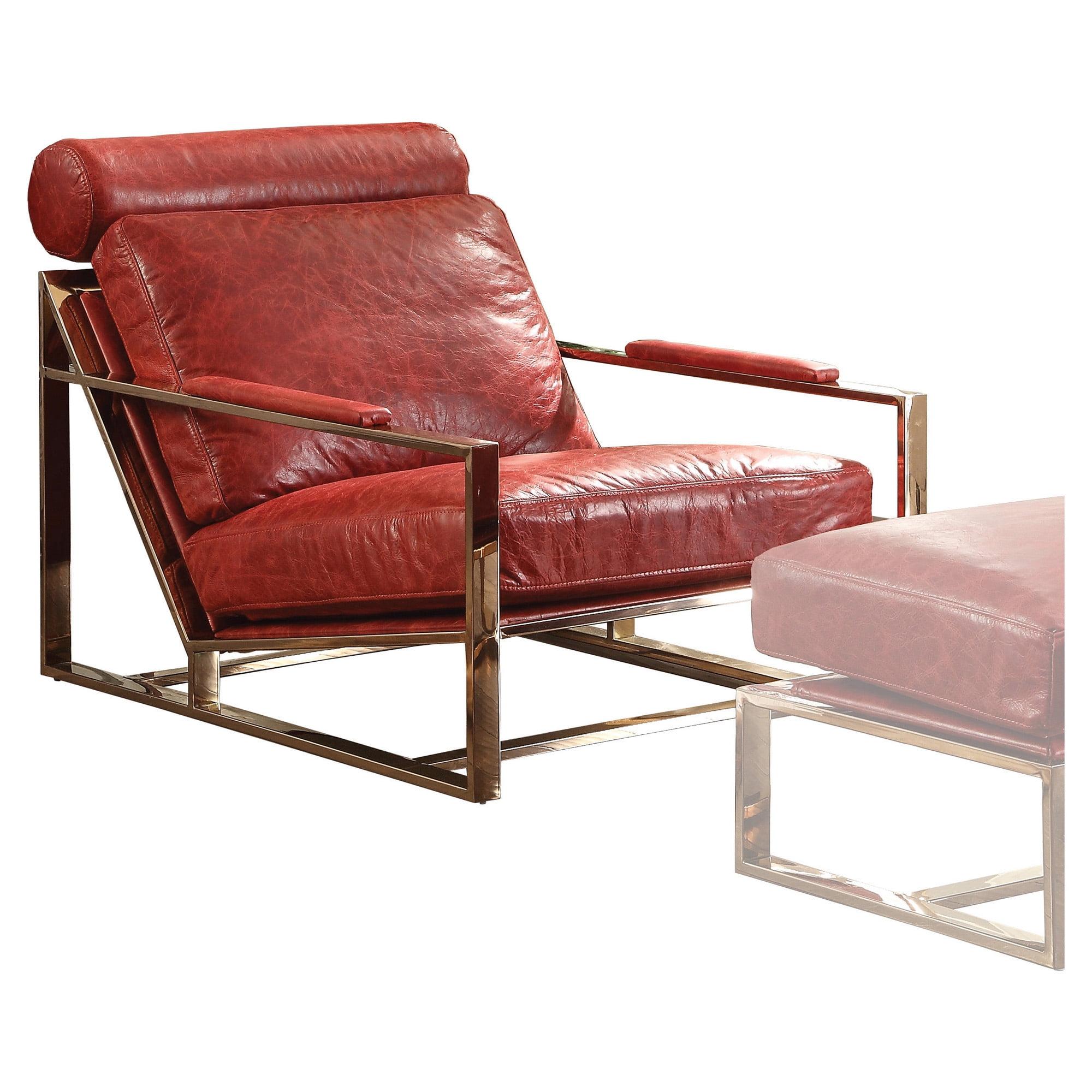 Antique Red Leather Chaise with Metal Frame