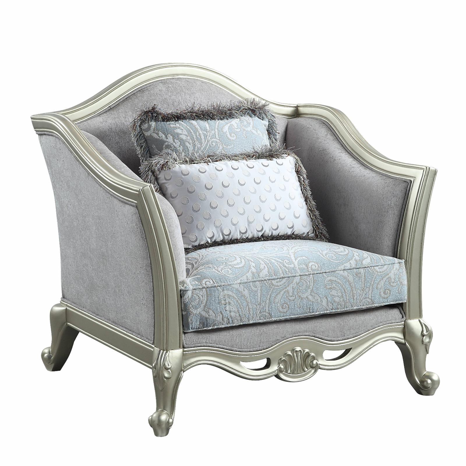 Light Gray and Champagne Floral Upholstered Chair with Pillows