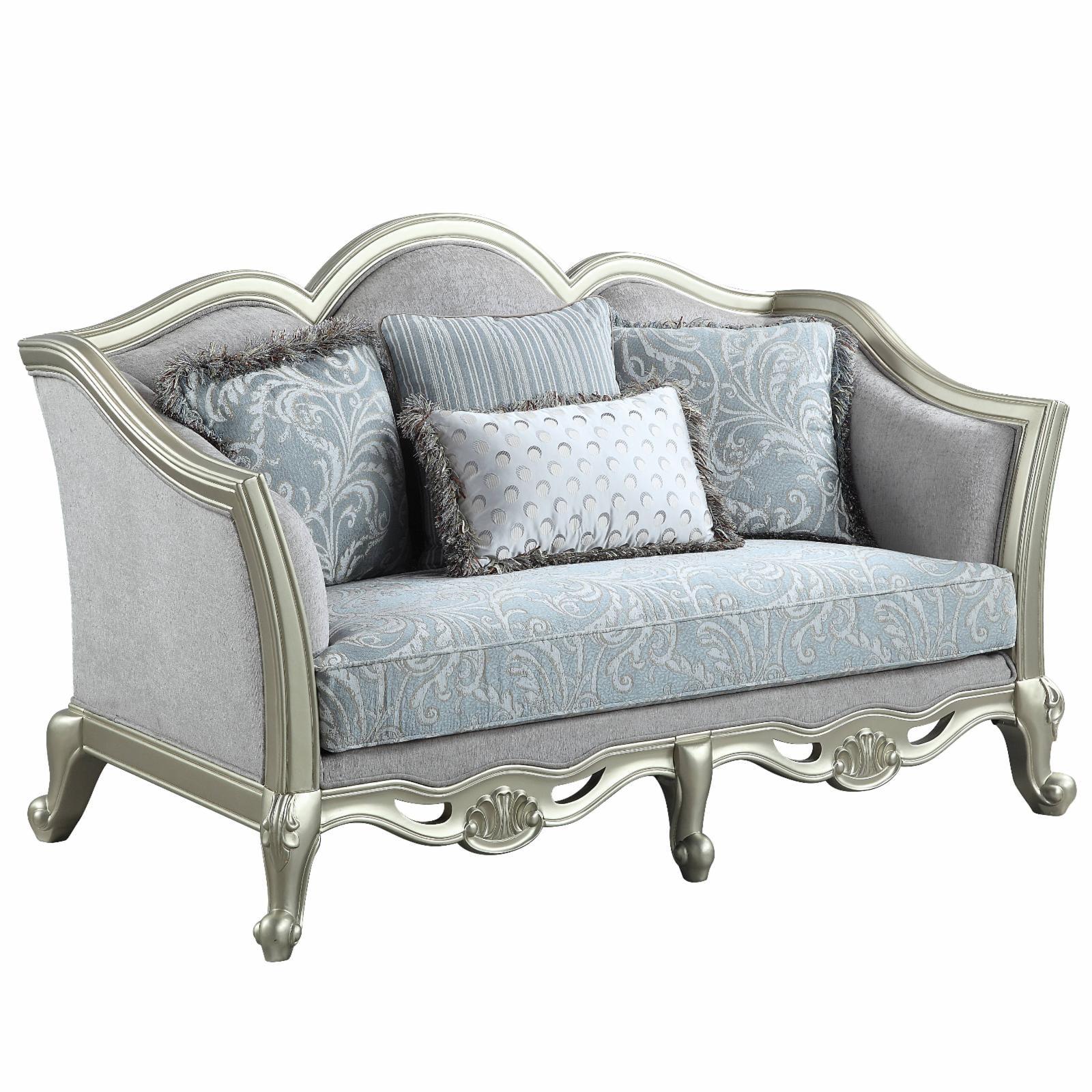 66" Qunsia Sofa Light Gray Linen & Champagne Finish - Acme Furniture: Leather Upholstery, Wood Frame, No Assembly Required