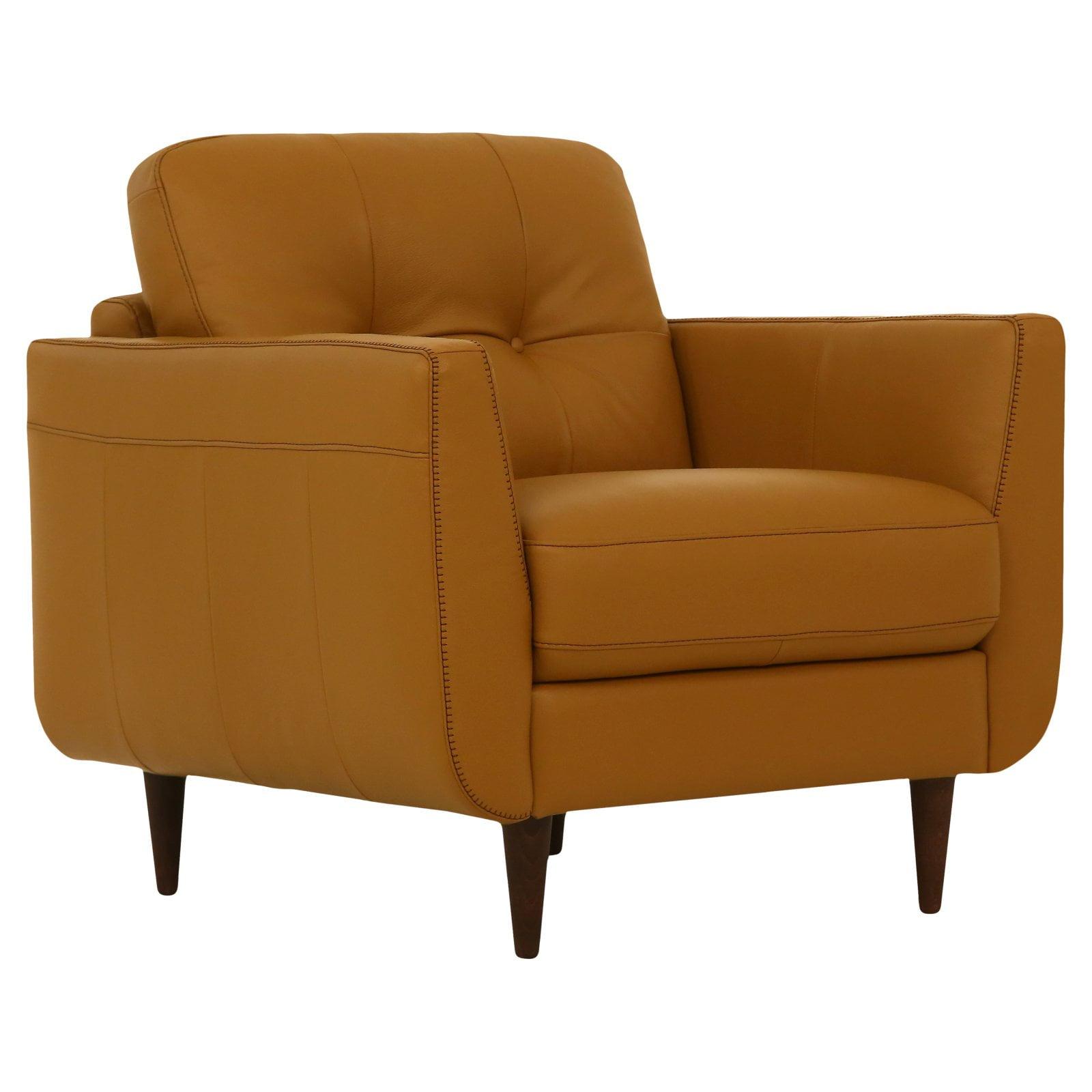 Camel Leather Deep-Seat Accent Chair with Tapered Wood Legs