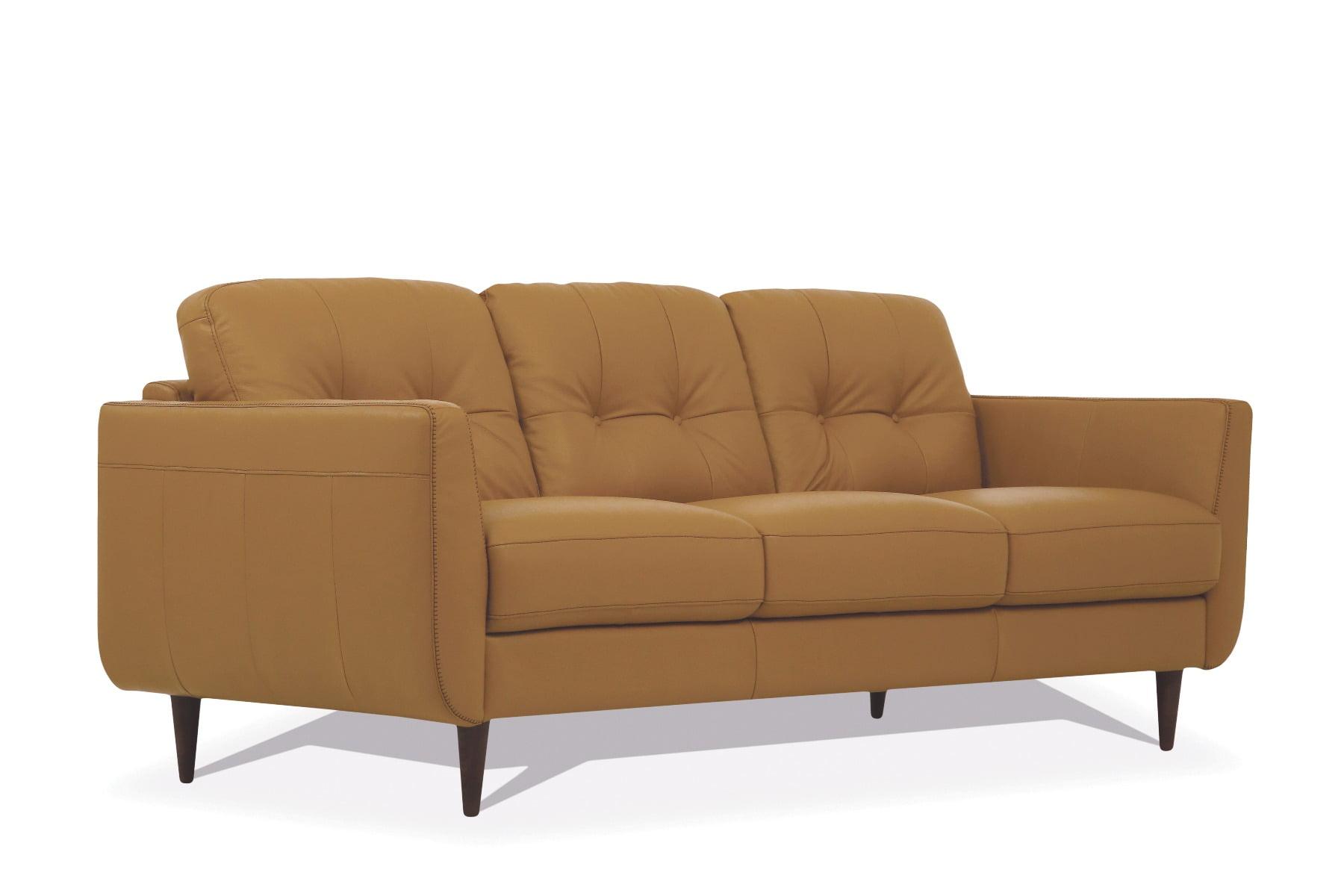 Radwan Camel Leather Tufted Sofa with Flared Arms