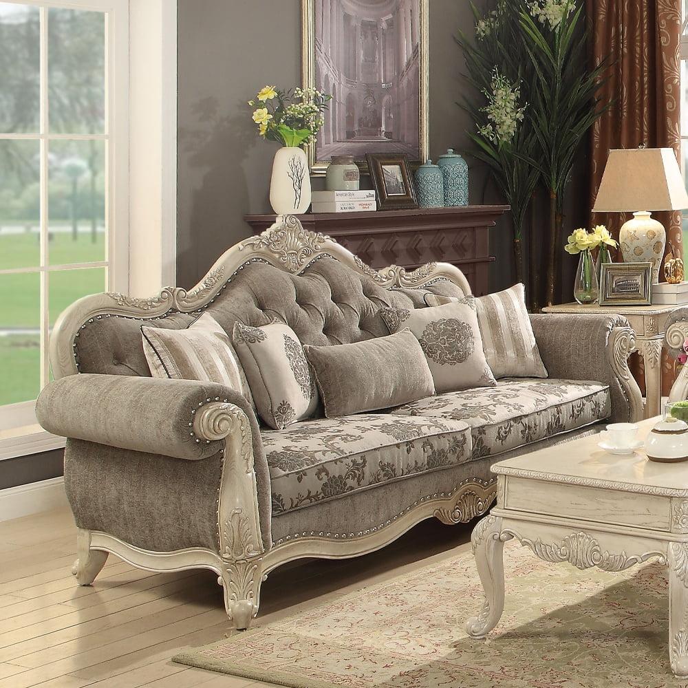 Gray Fabric and Antique White Tufted Sofa with Rolled Arms