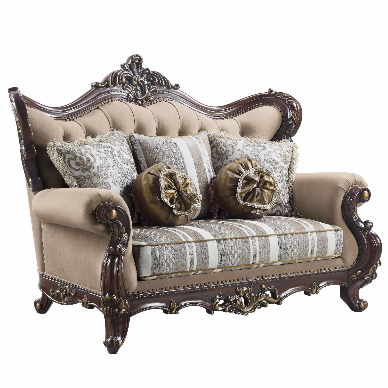 Light Brown and Cherry Rolled Arm Loveseat with Floral Cushions