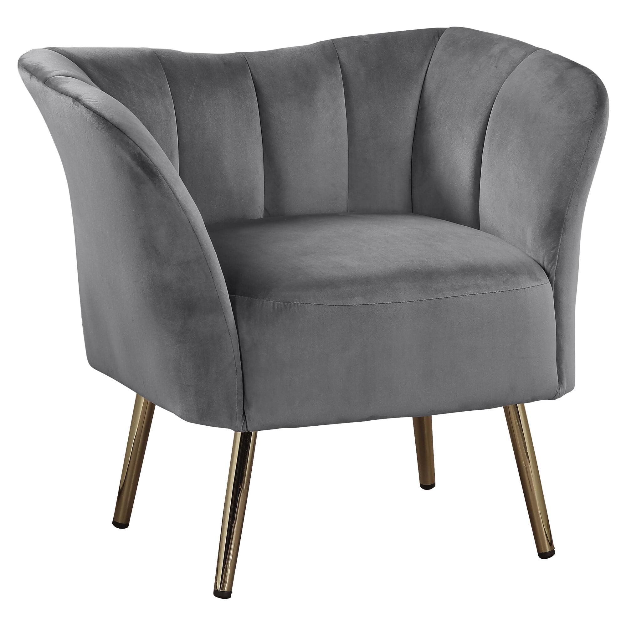 Transitional Gray Velvet Barrel Accent Chair with Gold Spindle Legs