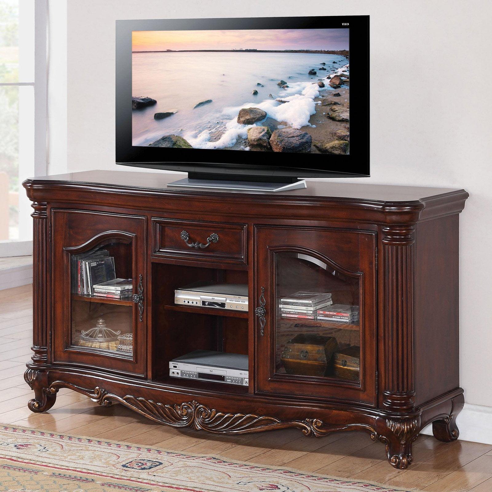 Elegant Remington Cherry Brown TV Stand with Glass Doors and Drawer