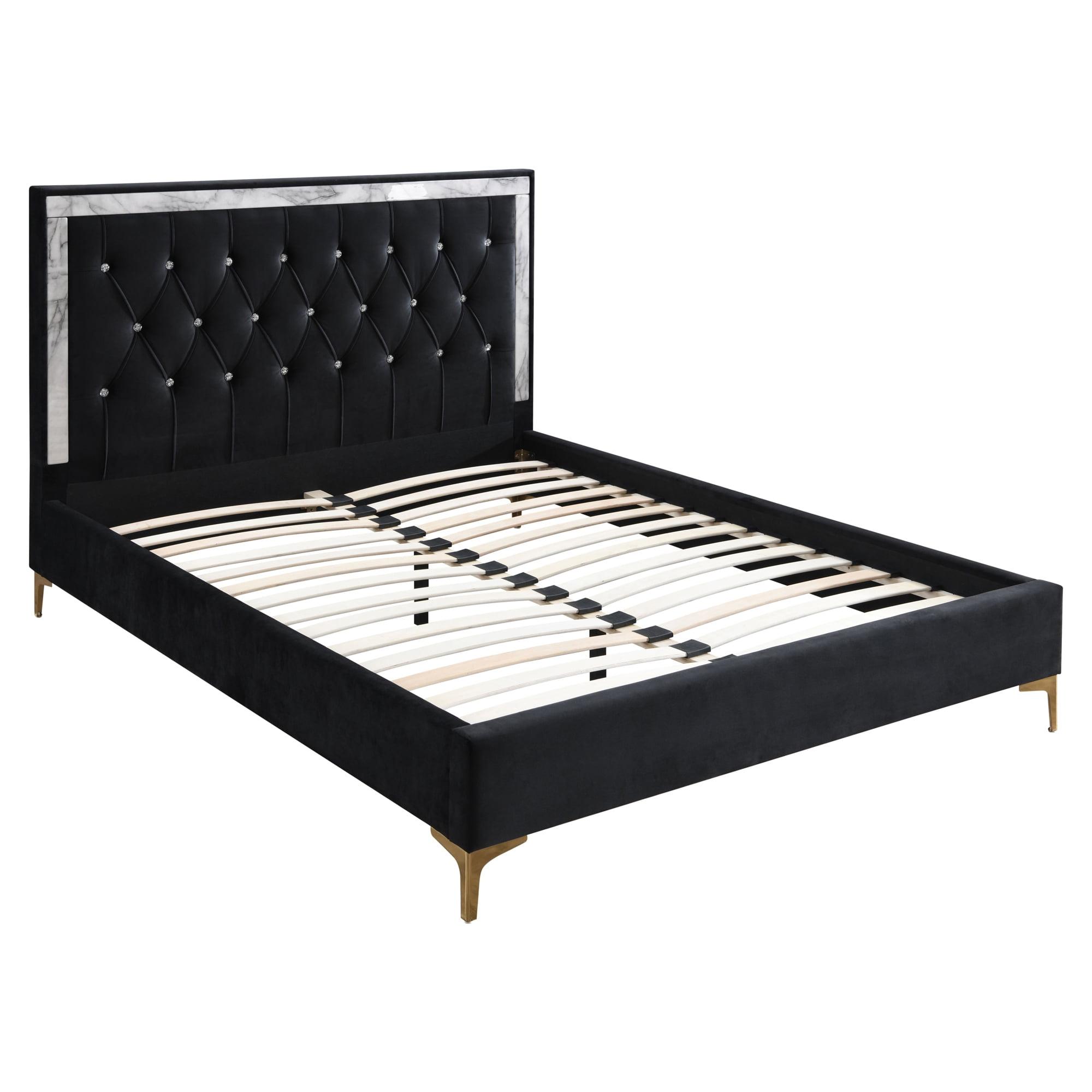 Black Tufted Upholstered King Bed with Faux Marble Trim