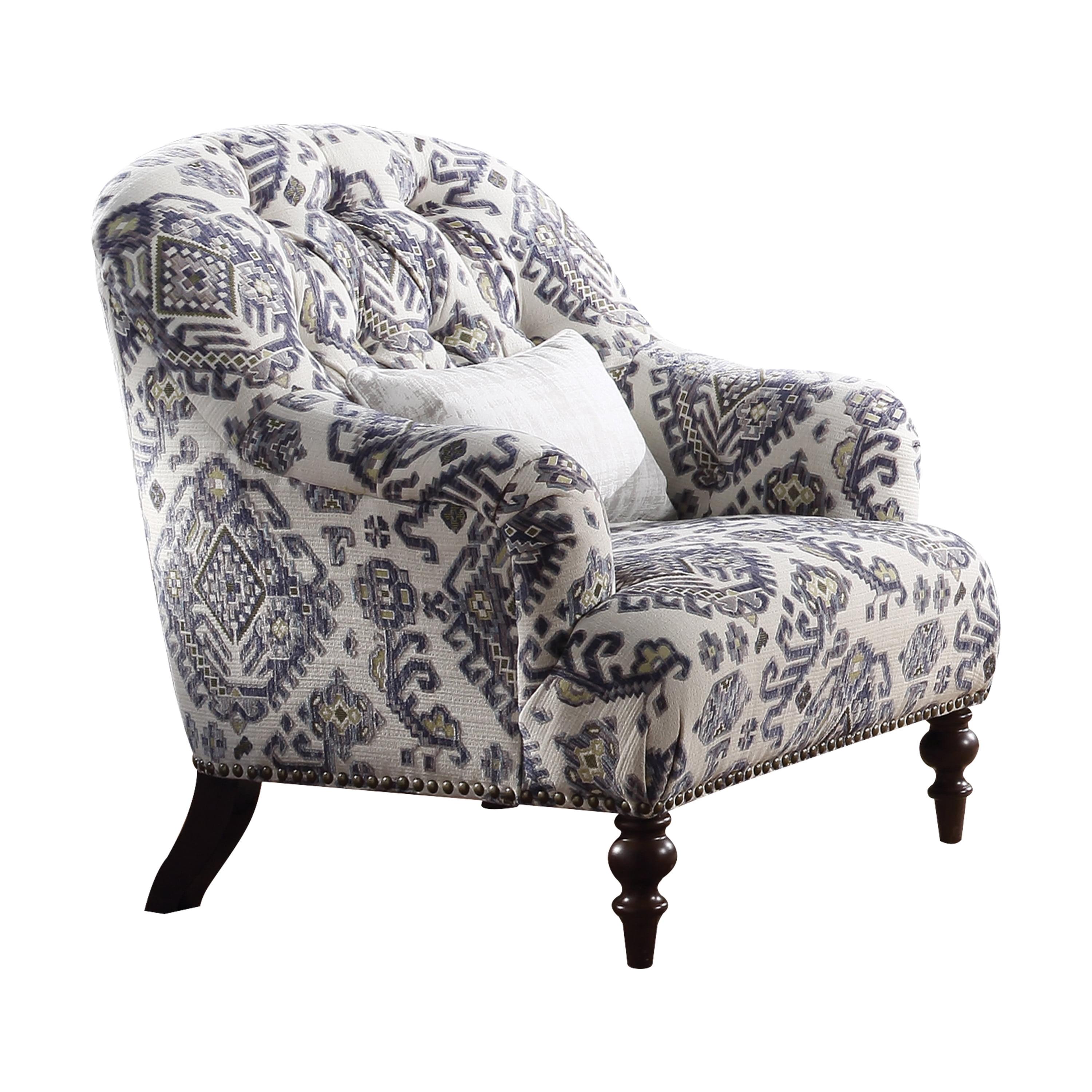 Saira Light Gray and Blue Tufted Accent Chair with Wooden Legs