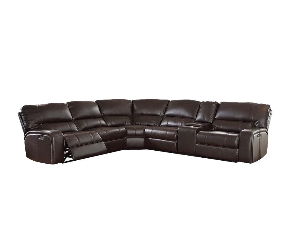 Espresso Leather Six-Piece Reclining Sectional Sofa with USB Ports