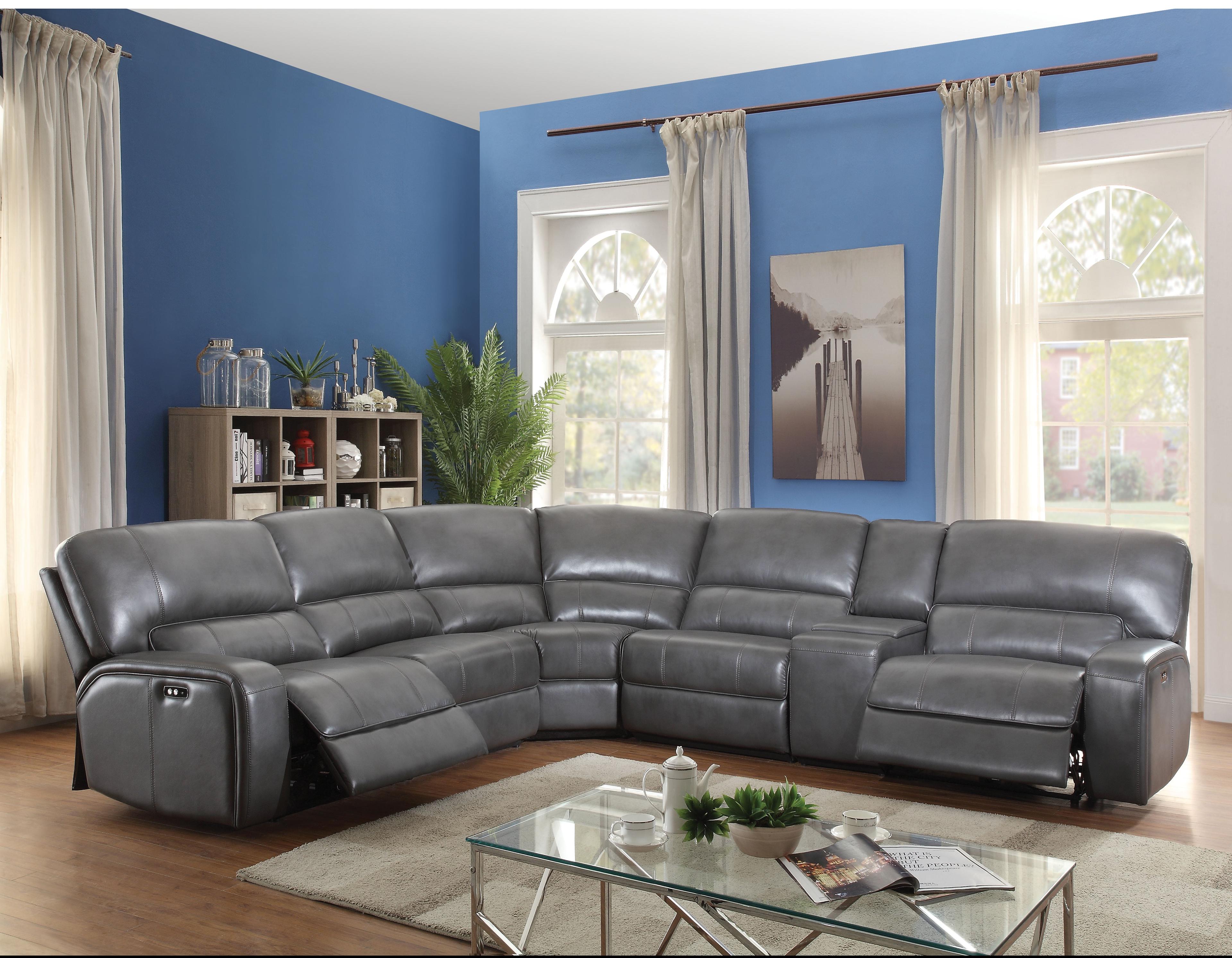 Gray Leather Six-Piece Sectional with Storage and Cup Holder