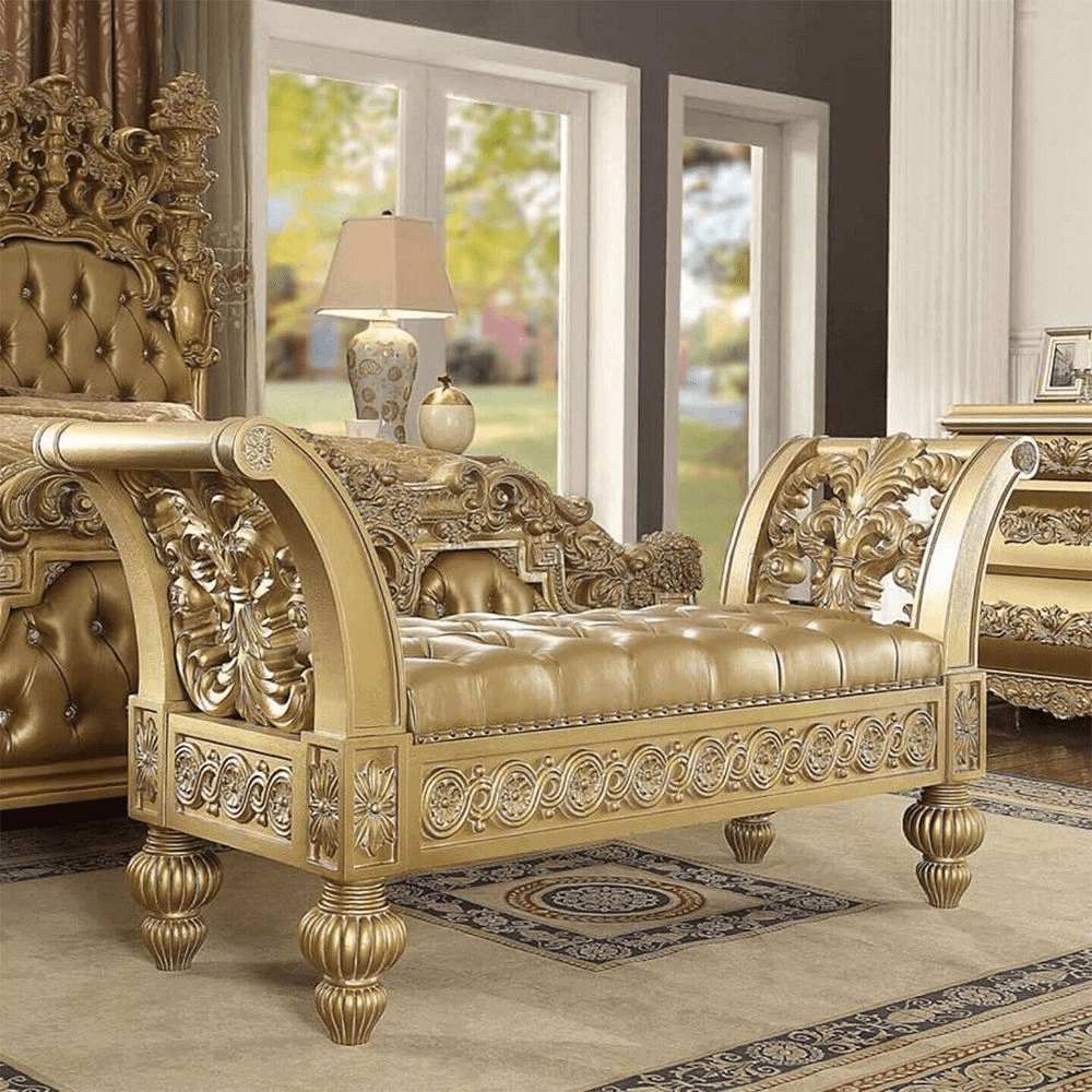 Seville Gold Finish Button Tufted Storage Bench