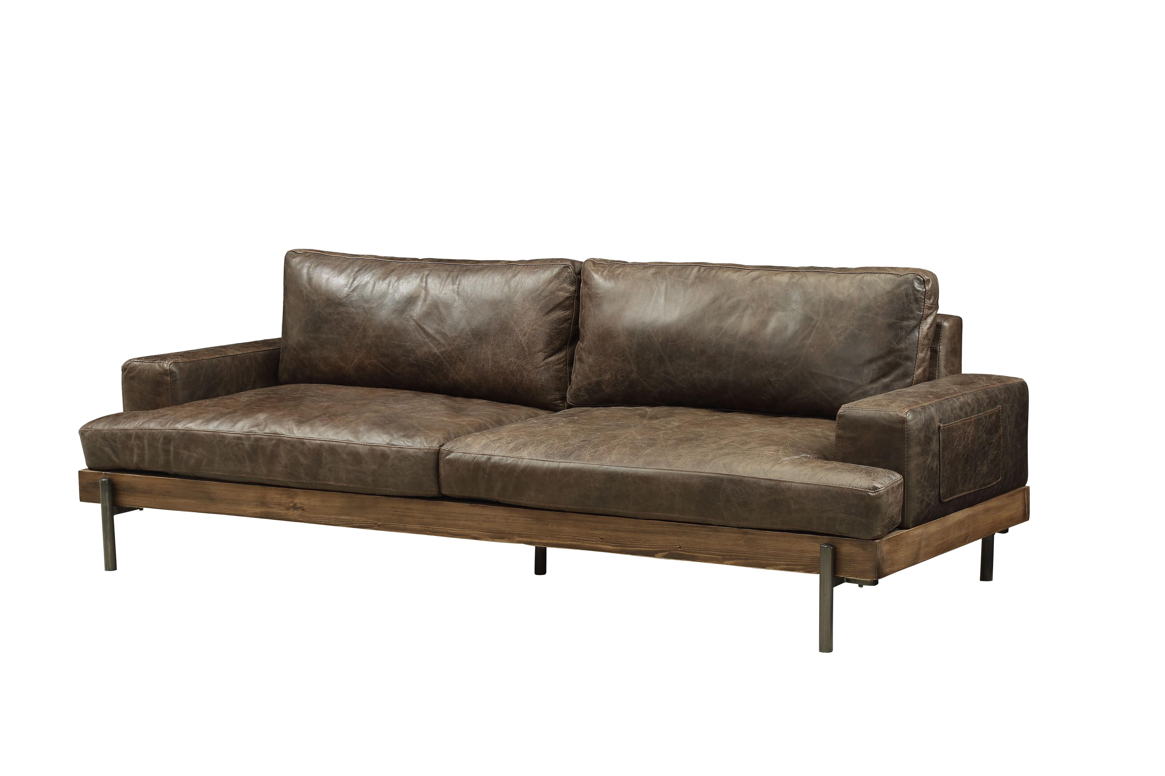 Elegant Oak and Distressed Chocolate Leather Sofa with Track Arms