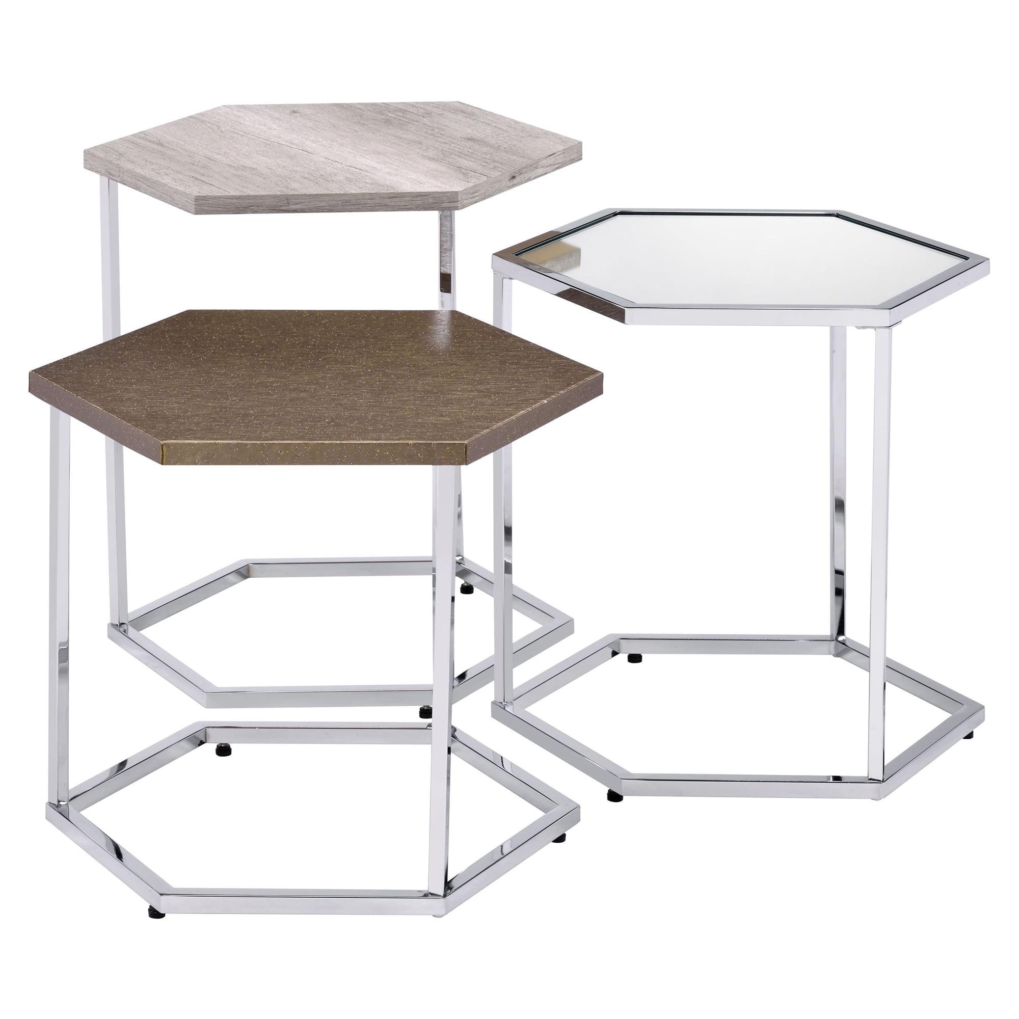 Hexagonal Chrome and Glass Nesting Tables Set