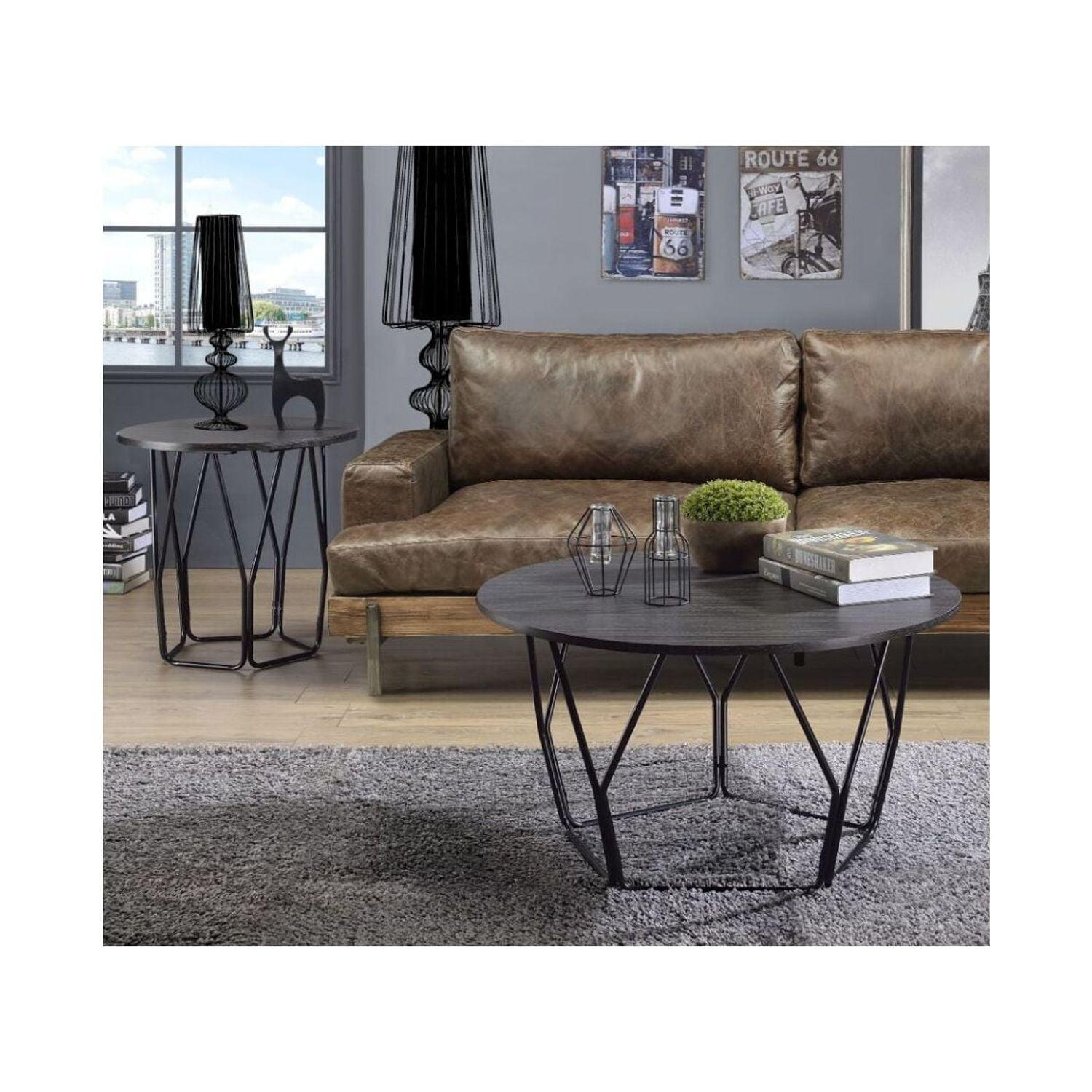 Sytira Round Espresso Wood and Black Metal Coffee Table