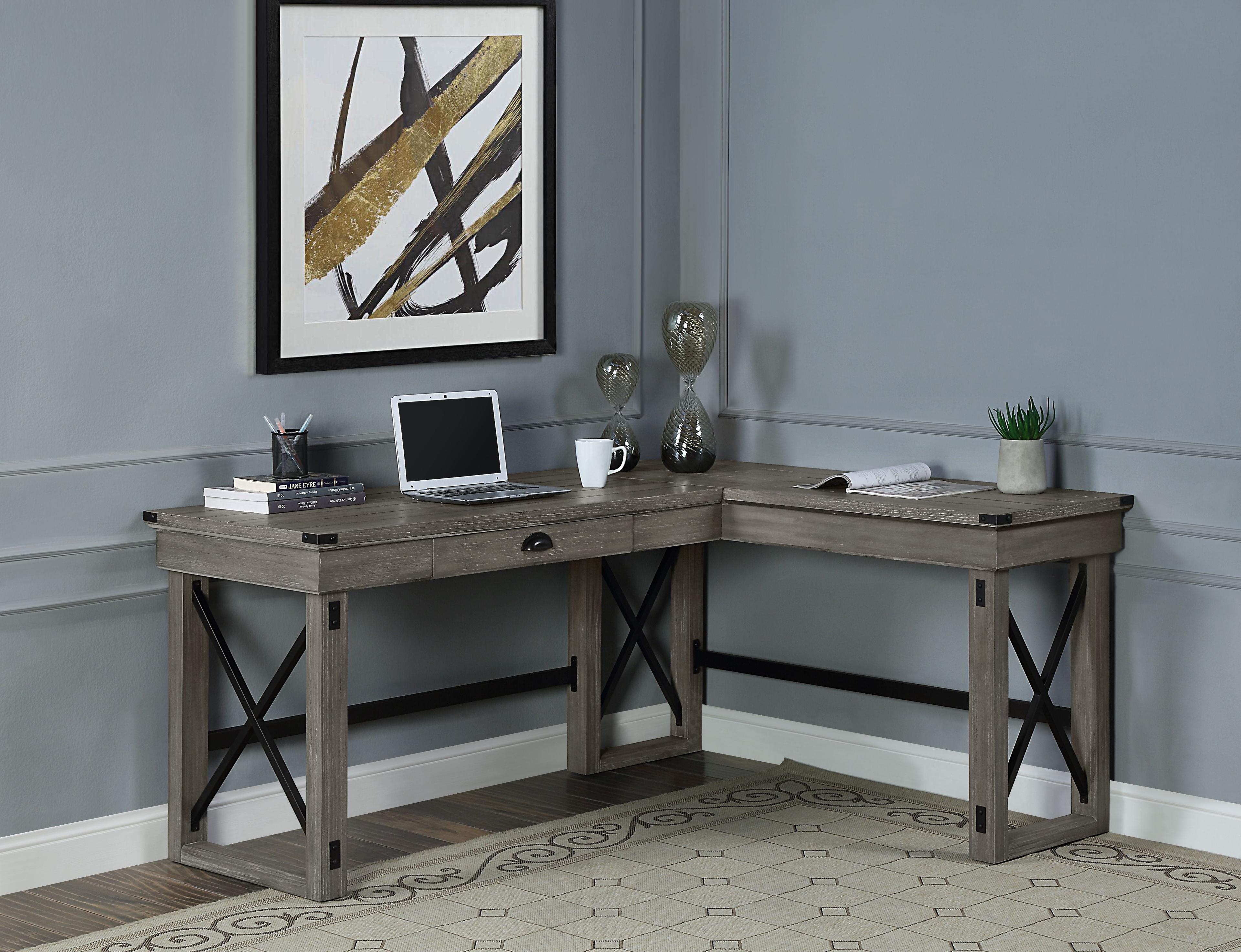 Weathered Gray Corner Writing Desk with USB and Filing Cabinet