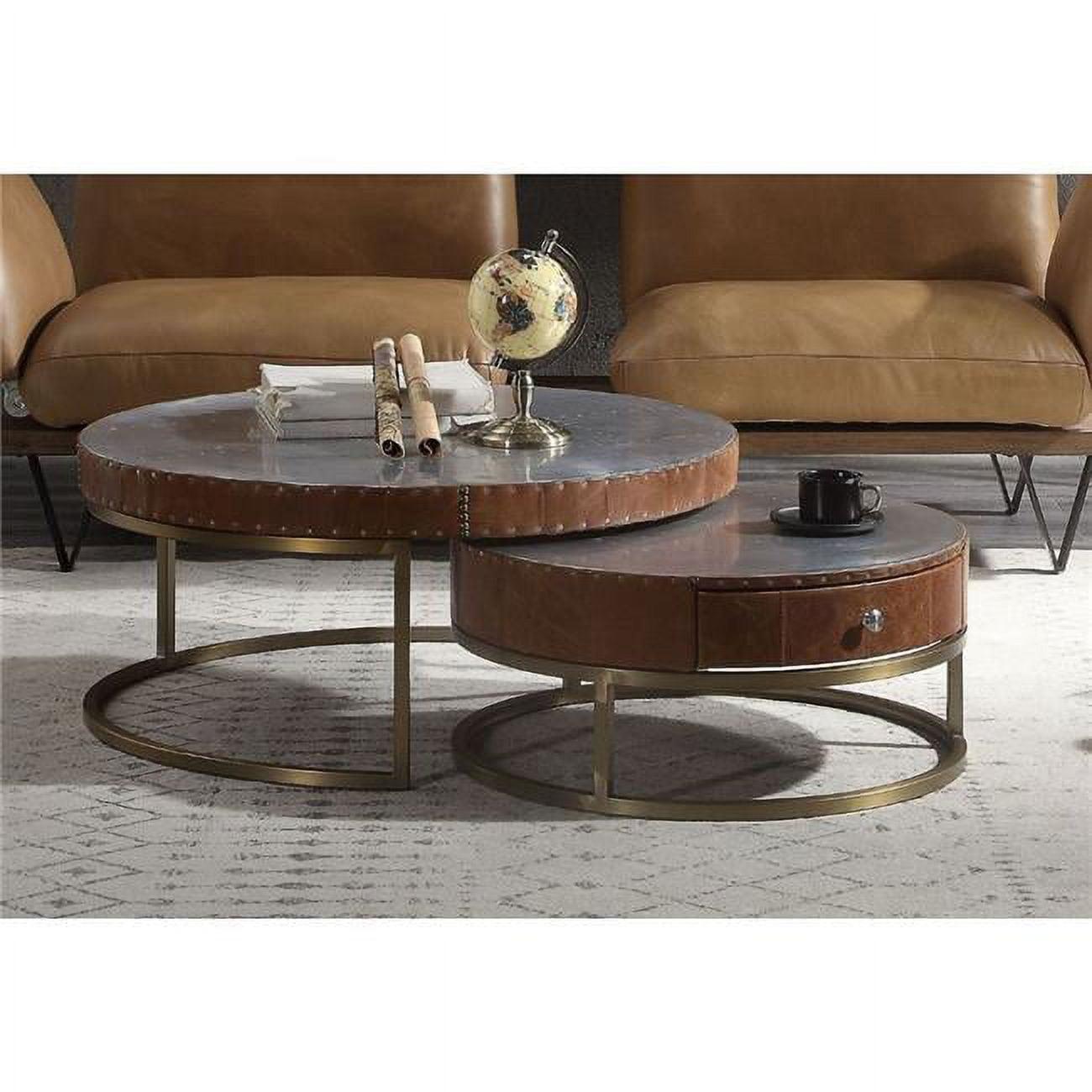 Cocoa Top Grain Leather & Aluminum Round Coffee Table with Storage
