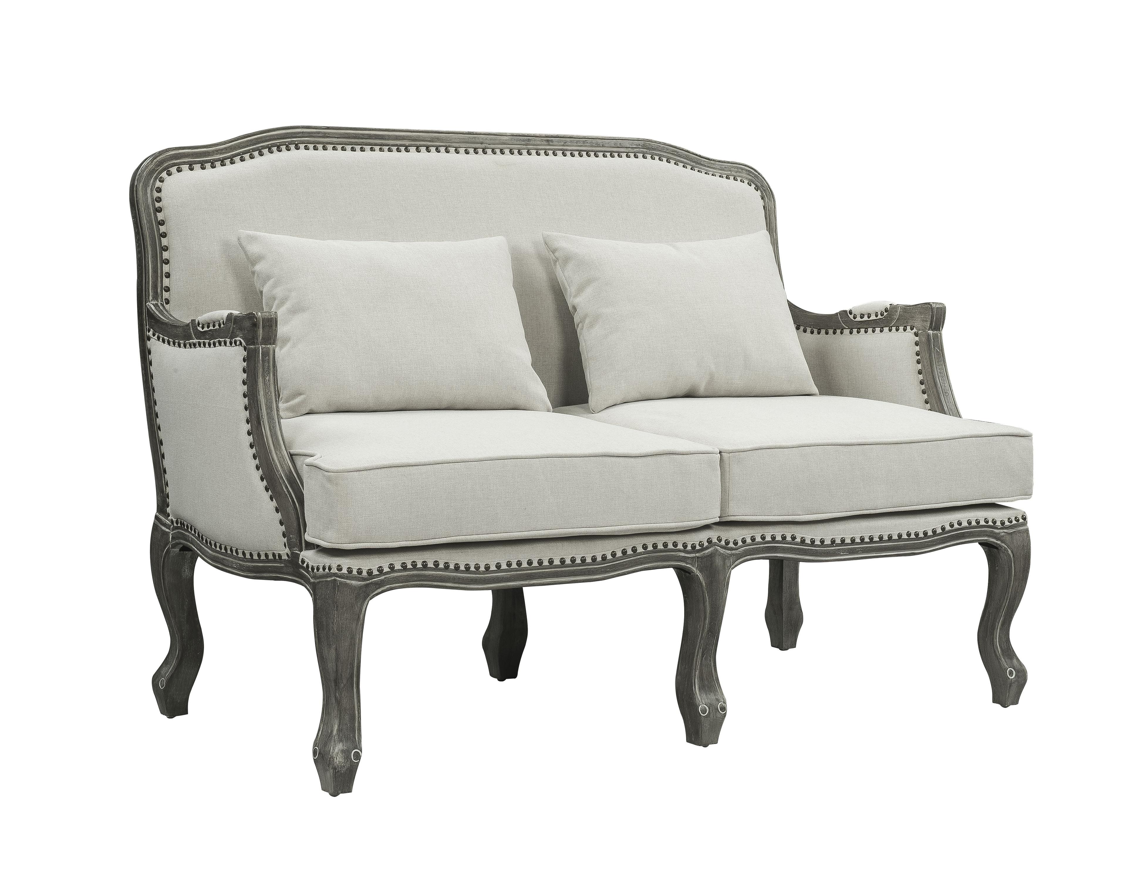 56" Tania Sofas Cream Linen and Brown Finish - Acme Furniture: French Cabriole, Nailhead Trim, No Assembly Required