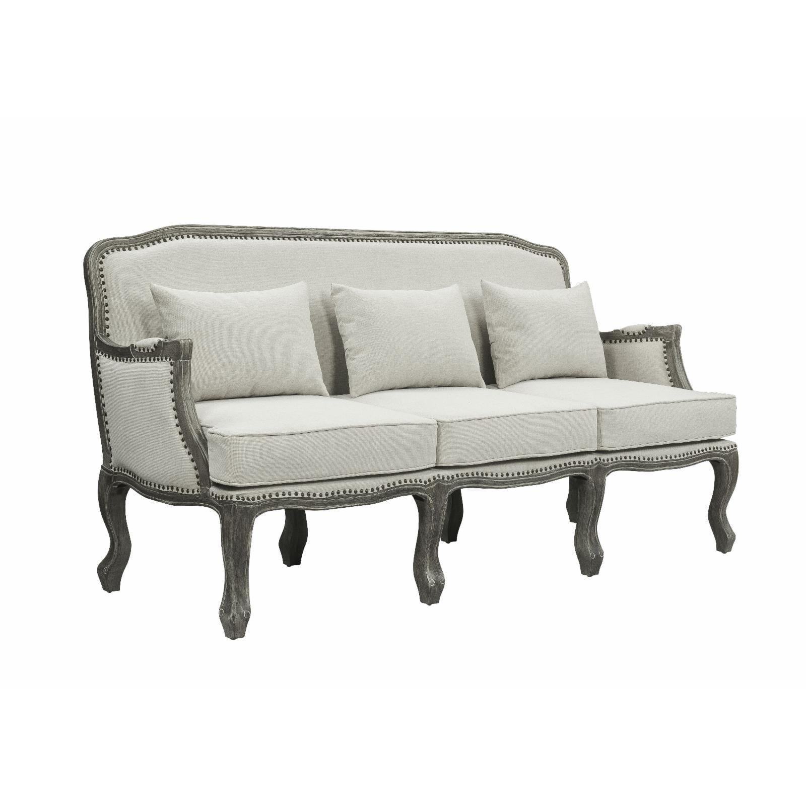 76" Tania Sofa Cream Linen, Brown Finish, Carved Detail - Acme Furniture: No Assembly, Nailhead Trim