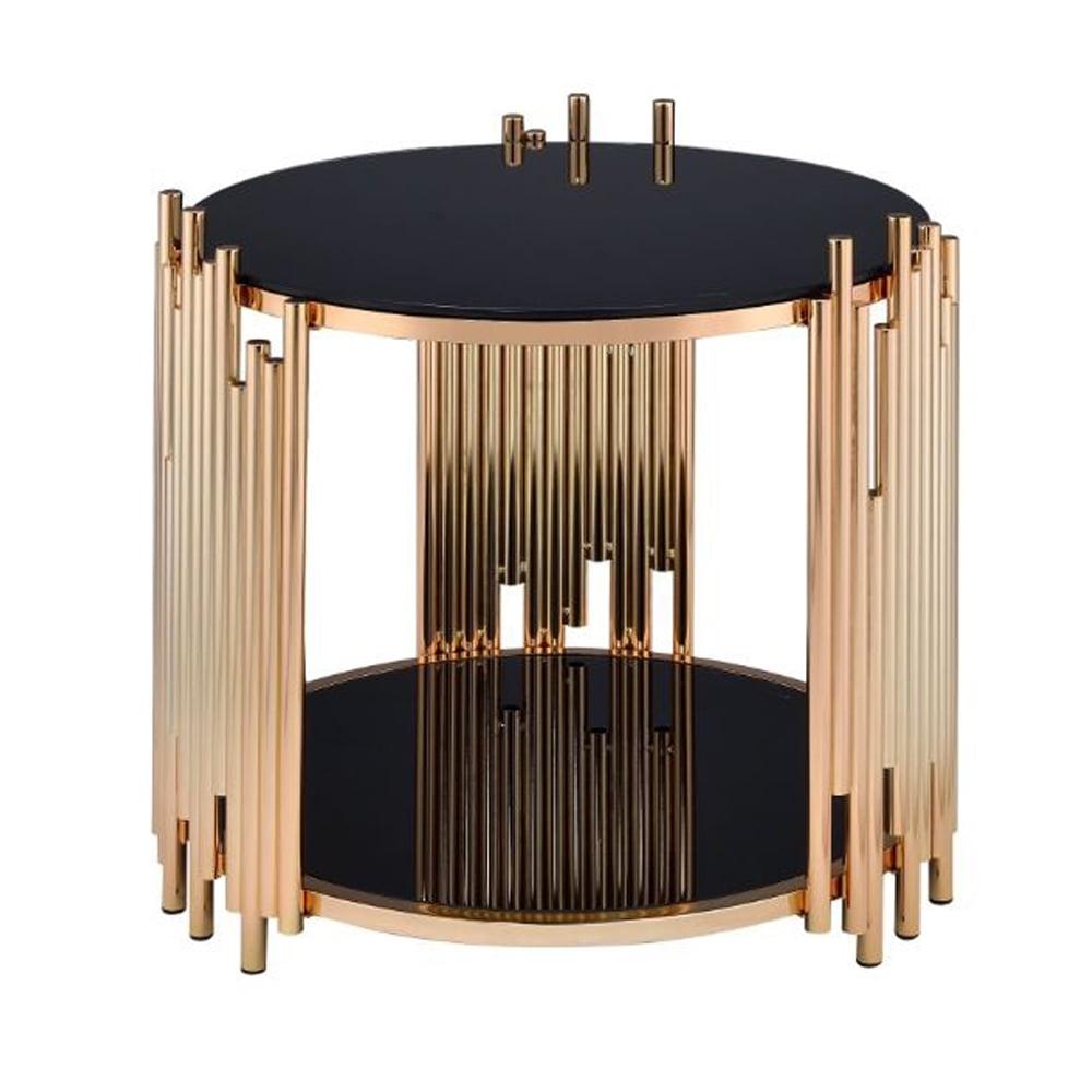 Tanquin 25" Round Black Glass & Gold Metal End Table