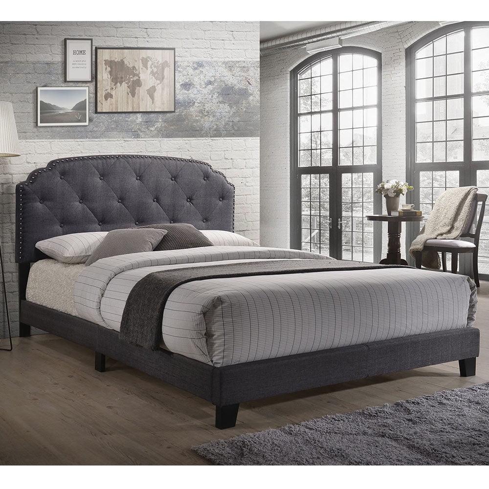 Charcoal Gray Upholstered Queen Bed with Nailhead Trim
