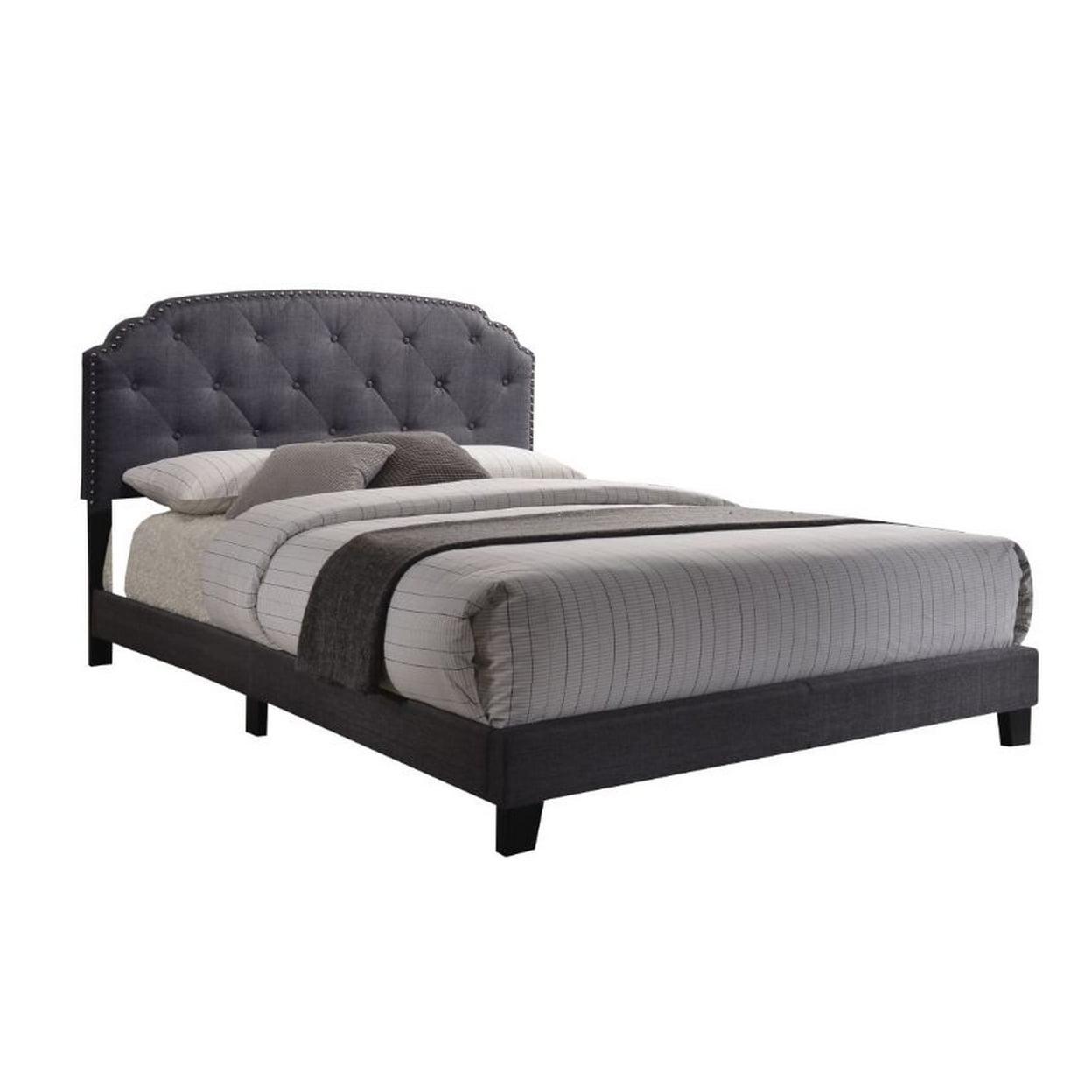 Charcoal Gray Upholstered Queen Bed with Nailhead Trim