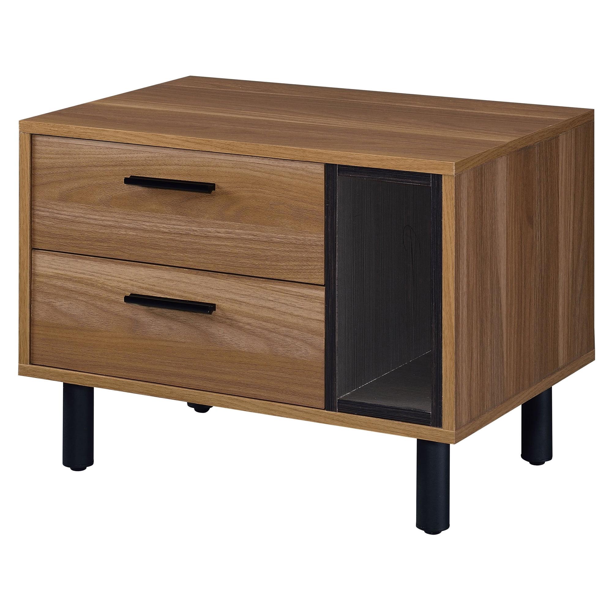 Brown Oak and Black Metal Rectangular Accent Table with Storage