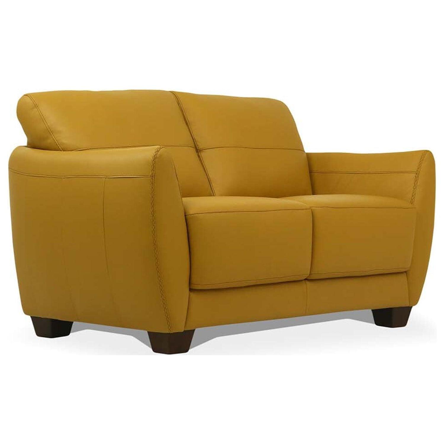 Mustard Leather Loveseat with Flared Arms and Wood Legs