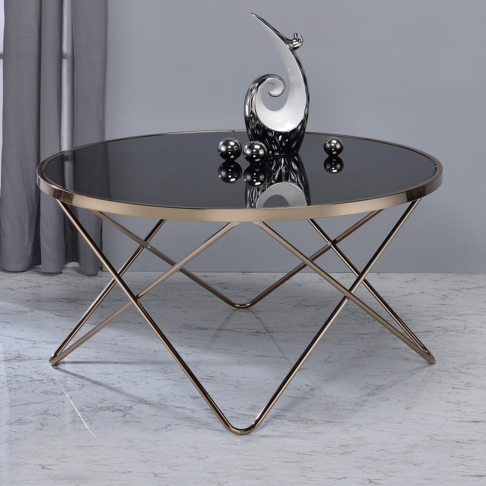 Eloise 34" Round Black Glass Coffee Table with Metal Base