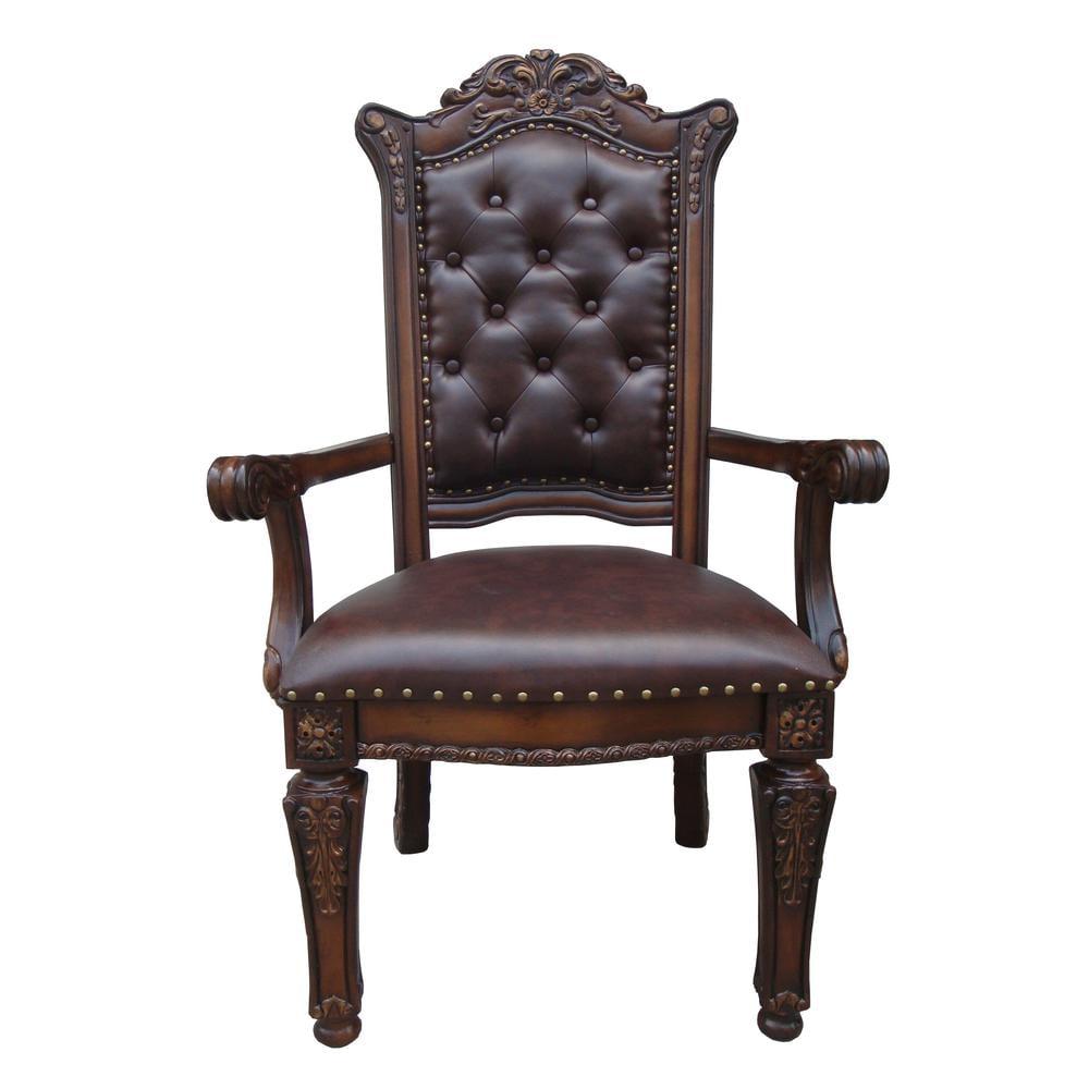 Handcrafted Brown Leather and Wood Floral Accent Chair