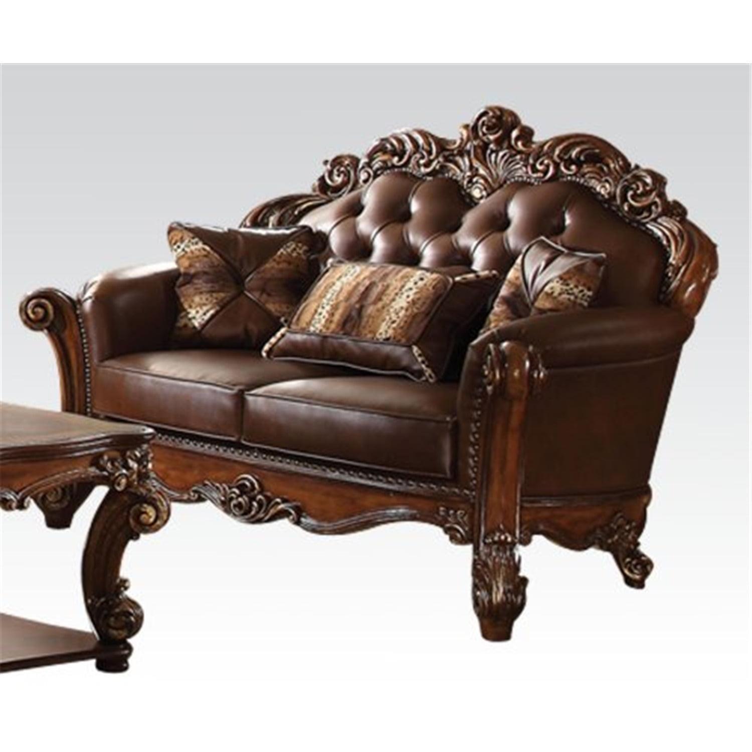 Vendome Cherry Tufted Leather Loveseat with Pillows