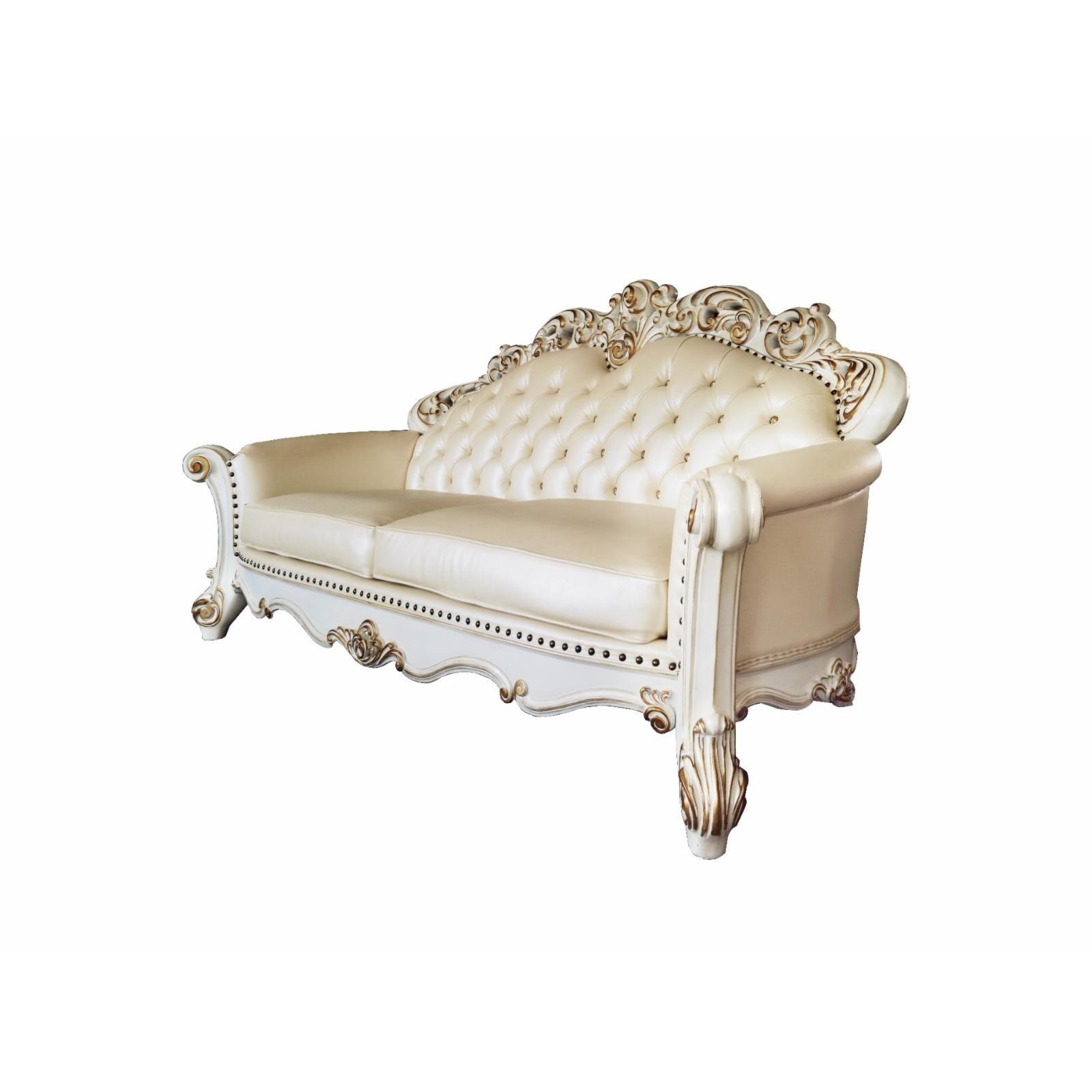 Champagne Faux Leather Tufted Camelback Sofa with Nailhead Trim