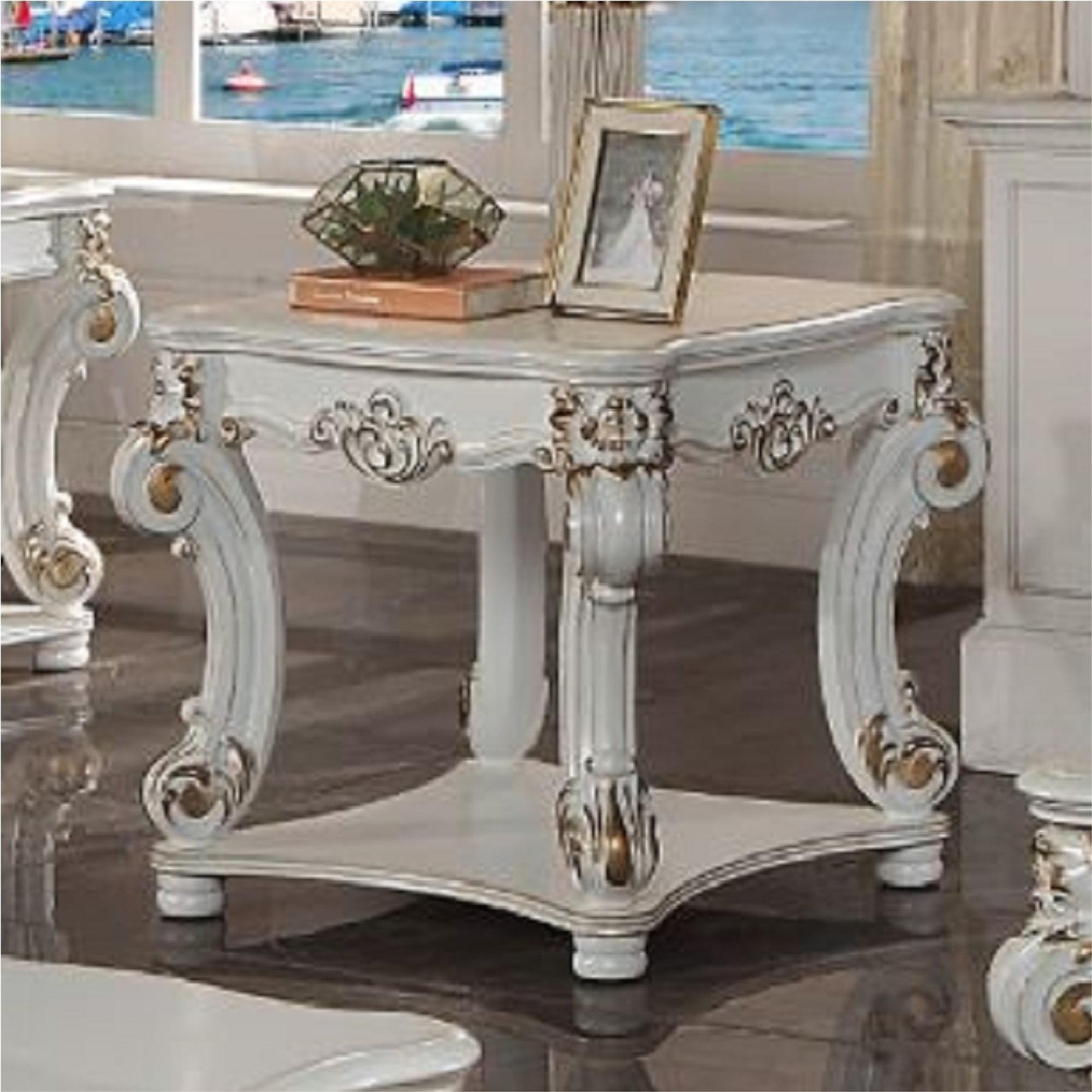 30" Vendome Accent Table Antique Pearl Finish - Acme Furniture: Scrolled Legs, Square Design, Storage Shelf