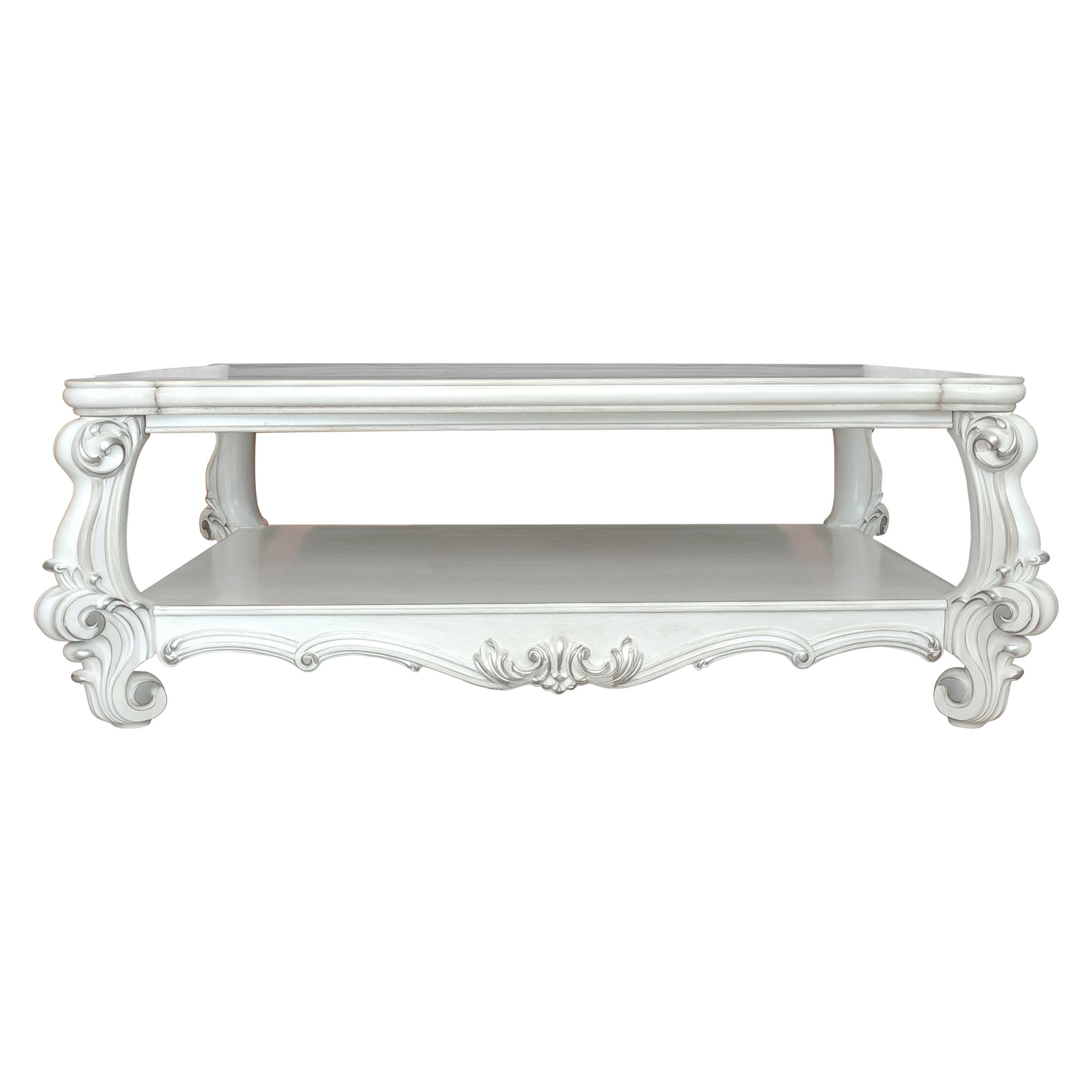 Elegant Artisan Bone White Wood and Glass Coffee Table with Storage