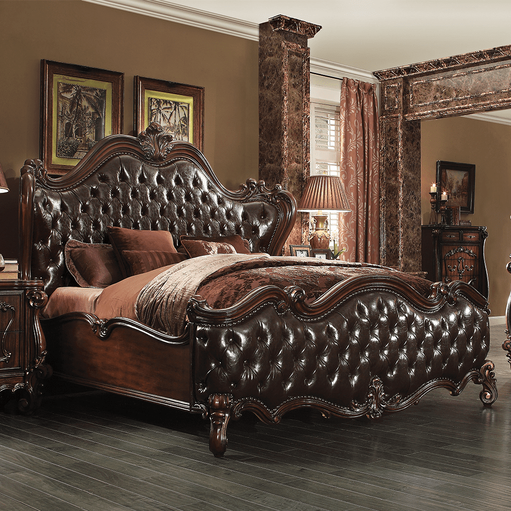 Versailles Dark Brown Cherry Oak King Upholstered Bed with Tufted Headboard