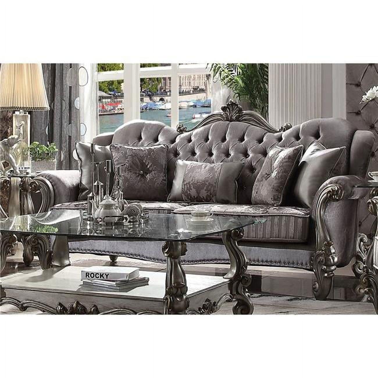 Versailles Antique Platinum 100'' Velvet Tufted Sofa with Nailhead Trim