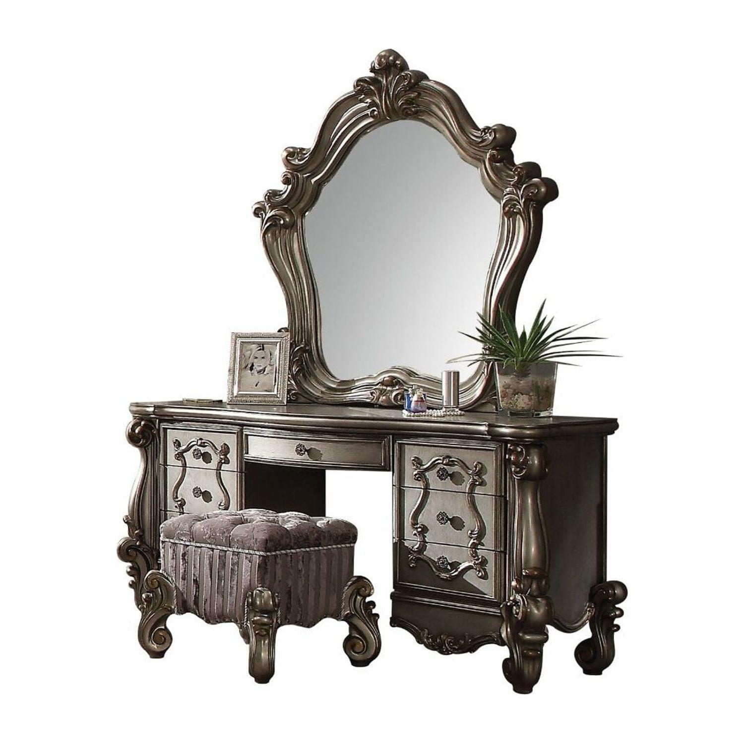 Antique Platinum Versailles Vanity Desk with Bench and Mirror