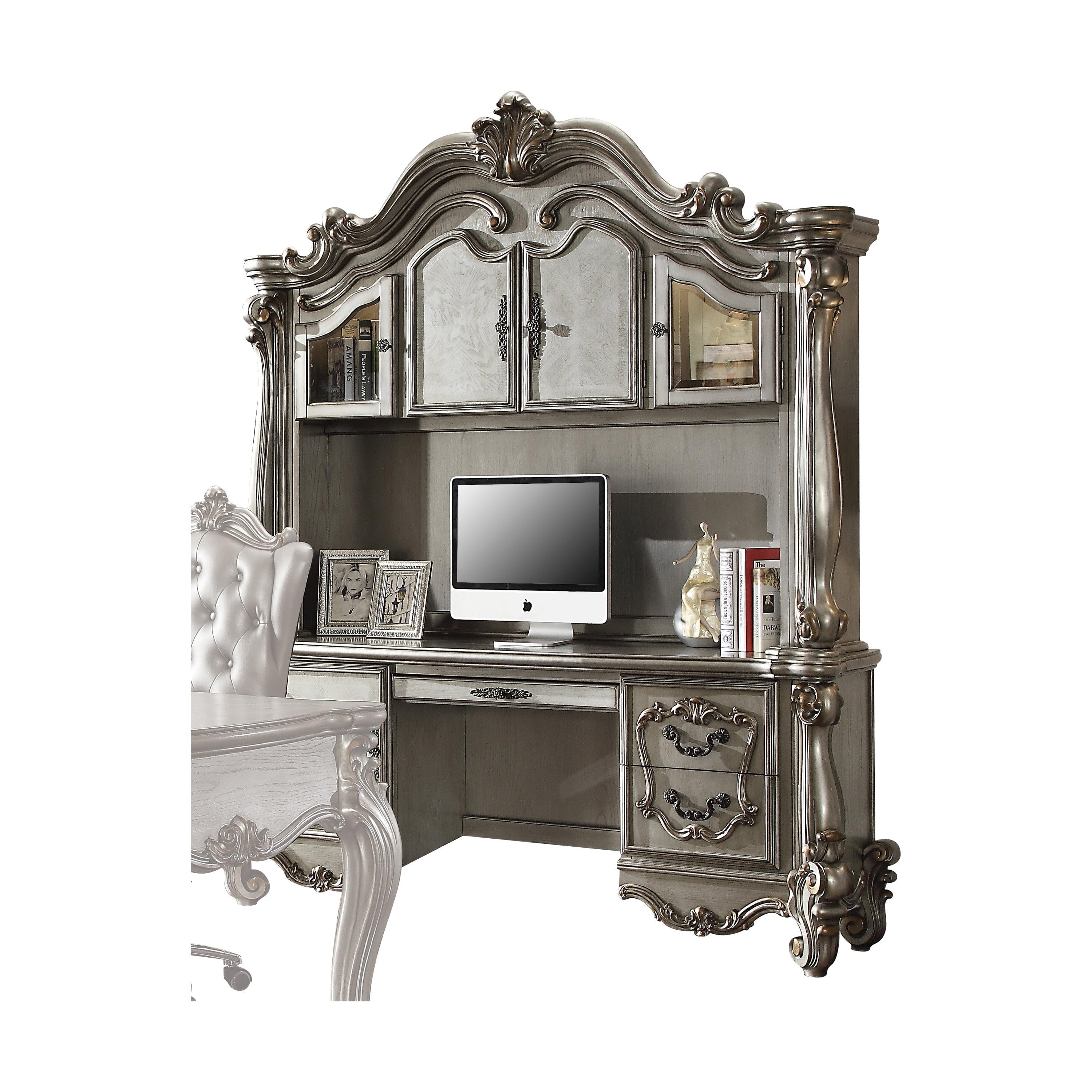 Elegant Antique White and Gray Wooden Desk with Hutch and Drawers