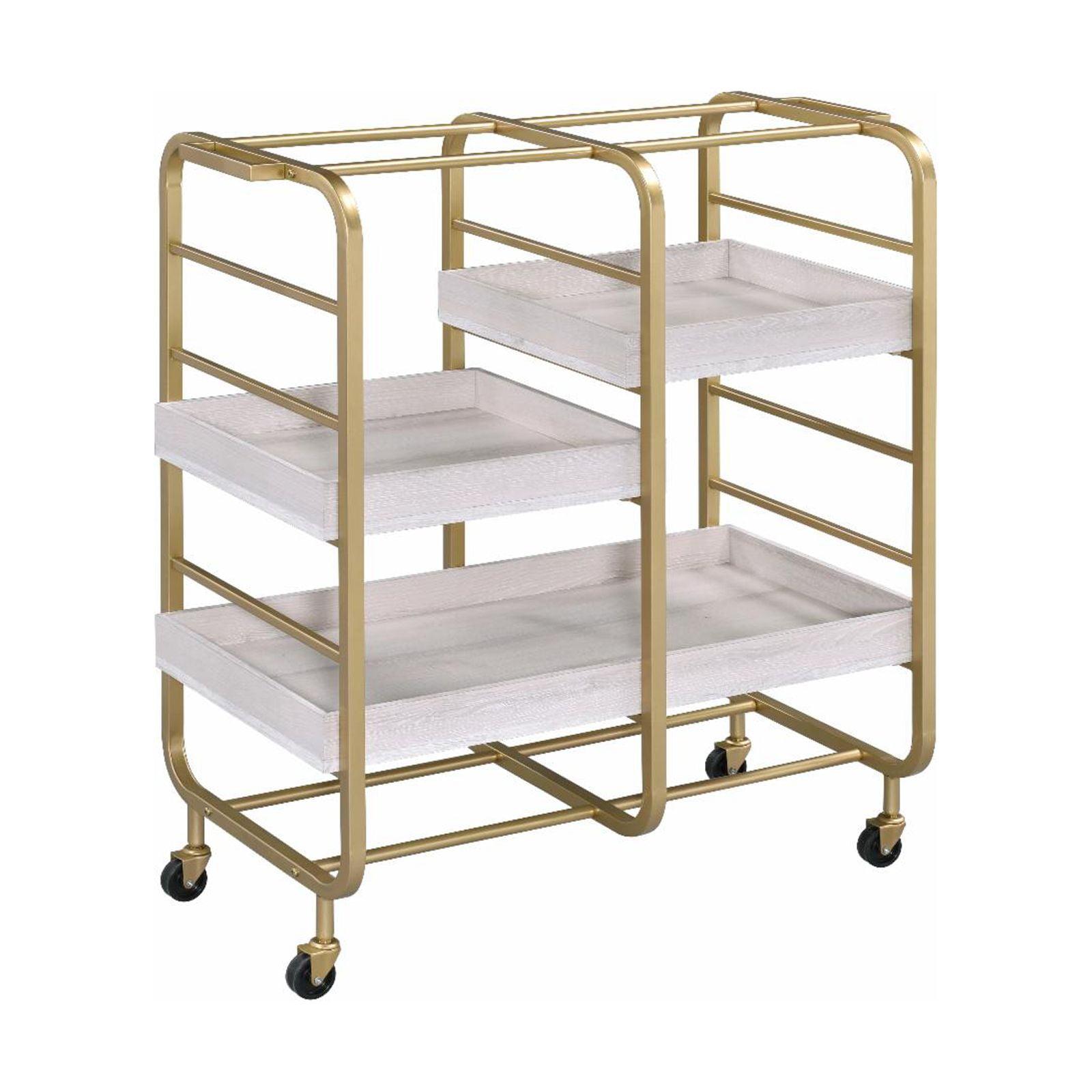 Vorrik Gold & White-Washed Industrial Serving Cart with Wooden Trays