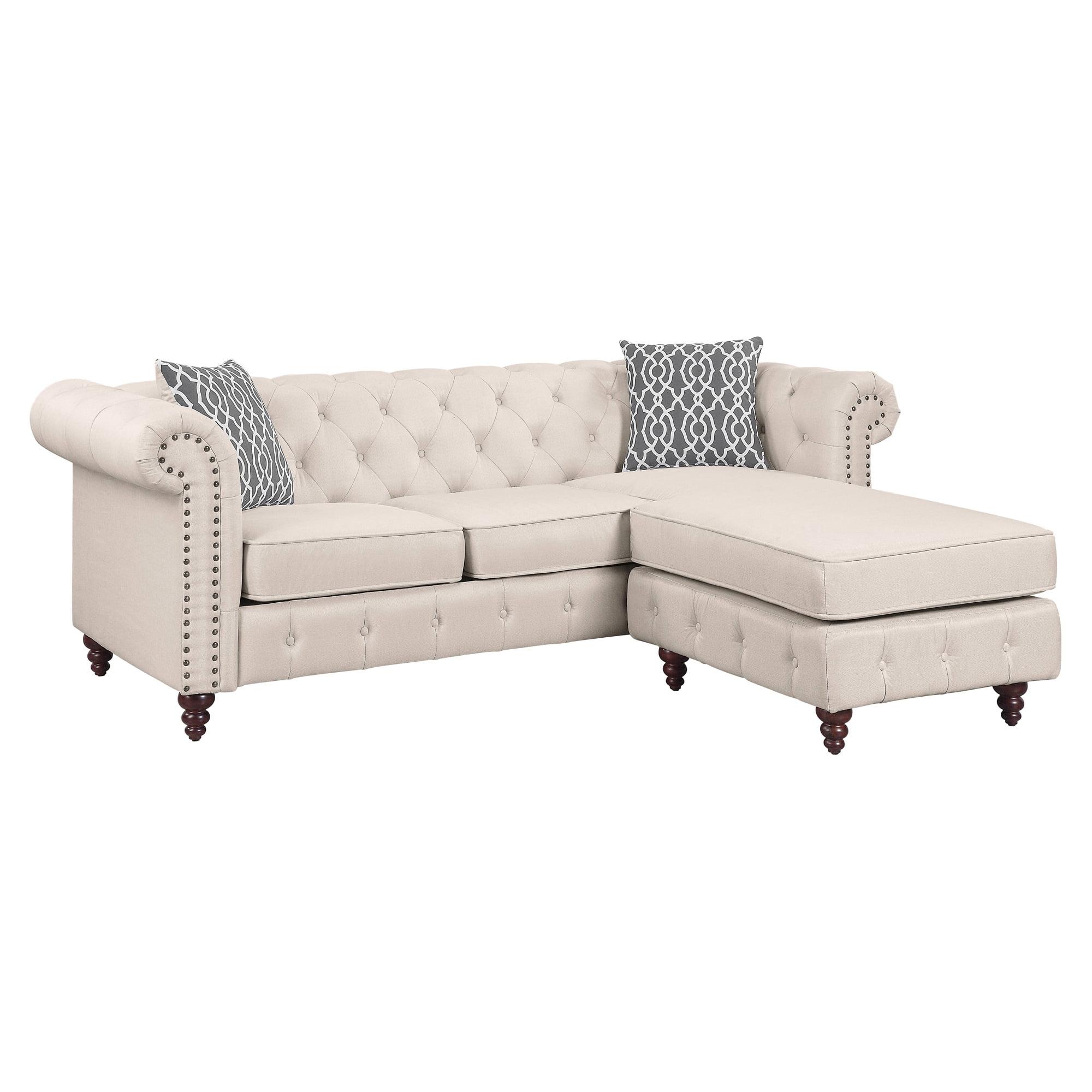 Beige Linen Tufted Sleeper Sectional Sofa with Nailhead Trim