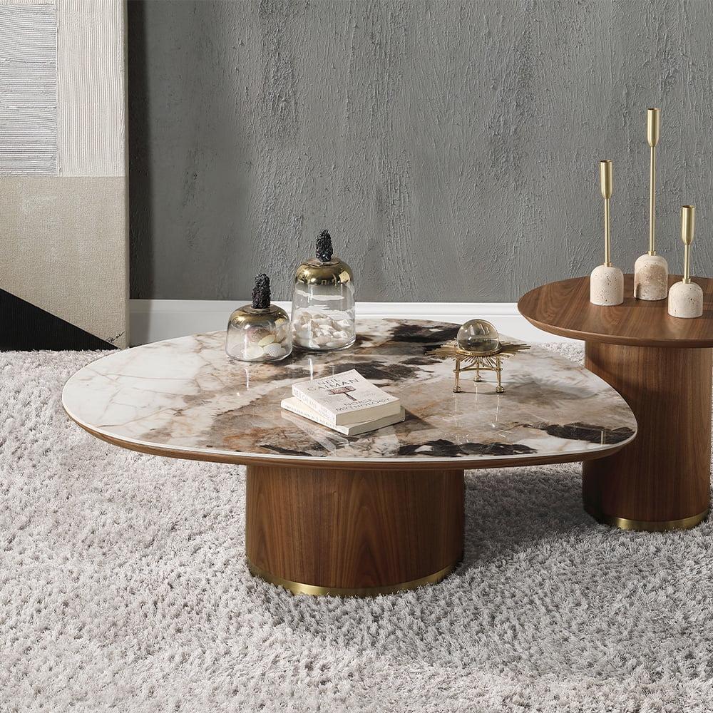 Wood Coffee Table with Ceramic Top & Walnut Finish, Irregular Shaped Coffee Table with Wooden Bases for Living Room